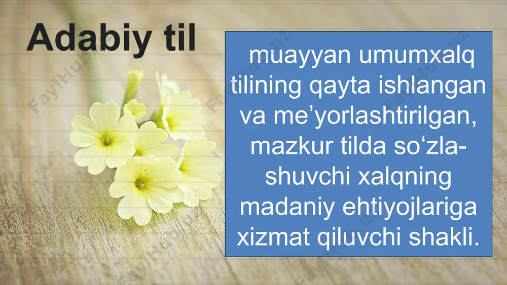 a foydalaniladi. varvarizmlar oʻzbek tili davlat tili maqomini olgach, turli tillardan, ayniqsa rus tilidan kirgan varvarizmlardan ("madam", "bratan", "zemlyak", "paxan", "dedulya" va boshqalar) oʻzbek soʻzlashuv tili faol tozalana boshladi. vazifaviy uslubning hech birida til oʻzining tuzilish jihatlari, lugʻat tarkibi, yaʼni soʻzning maʼno boyligi va rang-barangligini, toʻgʻri va koʻchma maʼnolarni badiiy nutq uslubidagichalik namoyish qila olmaydi, grammatik qurilishi, yaʼni gaplarning barcha tiplari bilan ishtirok eta olmaydi sinonim soʻzlarning u yoki bunisidan foydalanish ham badiiy asar janriga bogʻliq. masalan, bashar, samo, oraz, mujda soʻzlari, asosan, nazmda qoʻllanadi. nasrda yoki soʻzlashuv nutqida esa bularning ma'nodoshlari — odam, osmon, yuz, shamol, xushxabar soʻzlari keng qoʻllanadi. masalan, bashar, samo, oraz, mujda soʻzlari, asosan, nazmda qoʻllanadi. nasrda yoki soʻzlashuv nutqida esa bularning ma'nodoshlari — odam, osmon, yuz, shamol, xushxabar soʻzlari keng qoʻllanadi. badiiy nutq uslubida yozilgan asarlarni tasviriy vositalarsiz tasavvur qilib boʻlmaydi. uslubiy figuralar deb ataluvchi tasvir vositalari — inversiya, takror, oʻxshatish, sifatlash, metafora, jonlantirish, antiteza, …