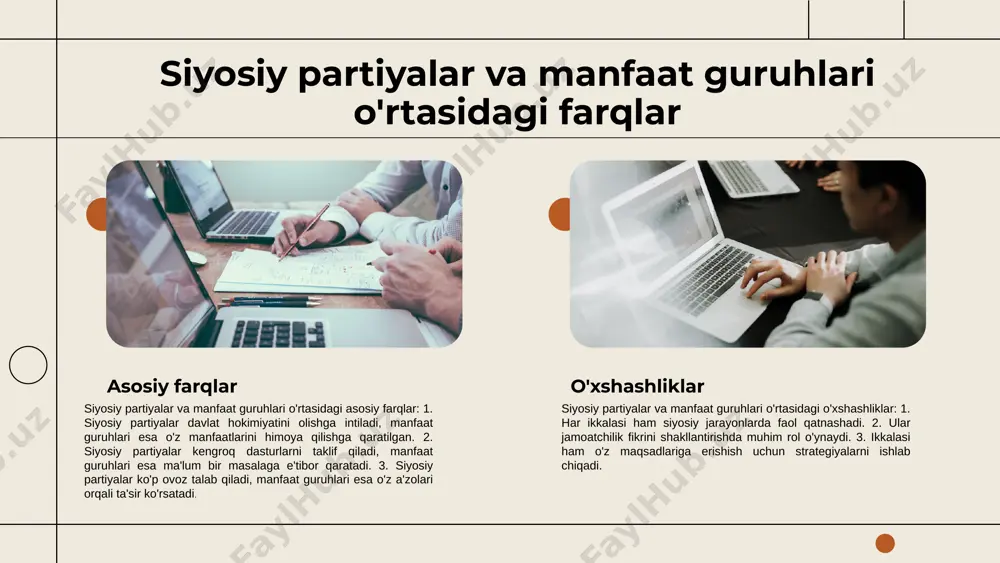 zgarishlar yaratadi. misol uchun, o'zbekistondagi yangi partiya tizimi, fuqarolarni saylov jarayonida faol ishtirok etishga undaydi. partiyalarning saylov jarayonidagi o'rni beqiyosdir. ular saylovlar uchun nomzodlarni tayyorlab, ularning dasturlarini keng jamoatchilikka yetkazishda ishtirok etishadi. 2021-yilgi saylovlarda faol ishtirok etgan partiyalar o'z strategiyalari bilan xalqning e'tiborini qozondi. masalan, partiya platformalarida ijtimoiy masalalarga urg'u berish, yoshlar va ayollarni qo'llab-quvvatlash kabi yo'nalishlar muvaffaqiyatli saylov kampaniyalarini tashkil etishda yordam berdi. zamonaviy partiyaviy tizimlar: tendensiyalar va o'zgarishlar zamonaviy partiyaviy tizimlar globalizatsiya jarayonlari va texnologik o'zgarishlar ta'sirida rivojlanmoqda. bugungi kunda raqamli platformalar orqali yangi partiya shakllari paydo bo'lmoqda, masalan, onlayn partiyalar. bu partiyalar an'anaviy siyosiy partiyalarga nisbatan yangi yondashuvlar va siyosiy ishtirokni ta'minlashda muhim ahamiyatga ega. bunga misol sifatida, ba'zi davlatlarda yoshlar tomonidan tashkil etilgan yangi partiyalarning o'sishi ko'rsatilishi mumkin. globalizatsiya esa partiyalarning o'zaro aloqalarini yanada kuchaytirib, xalqaro darajada hamkorlik va raqobatni kuchaytirmoqda. siyosiy partiyalar va manfaat guruhlarining ta'siri o'zbekistondagi siyosiy partiyalar va manfaat guruhlari mamlakatning siyosiy jarayonlarini …
