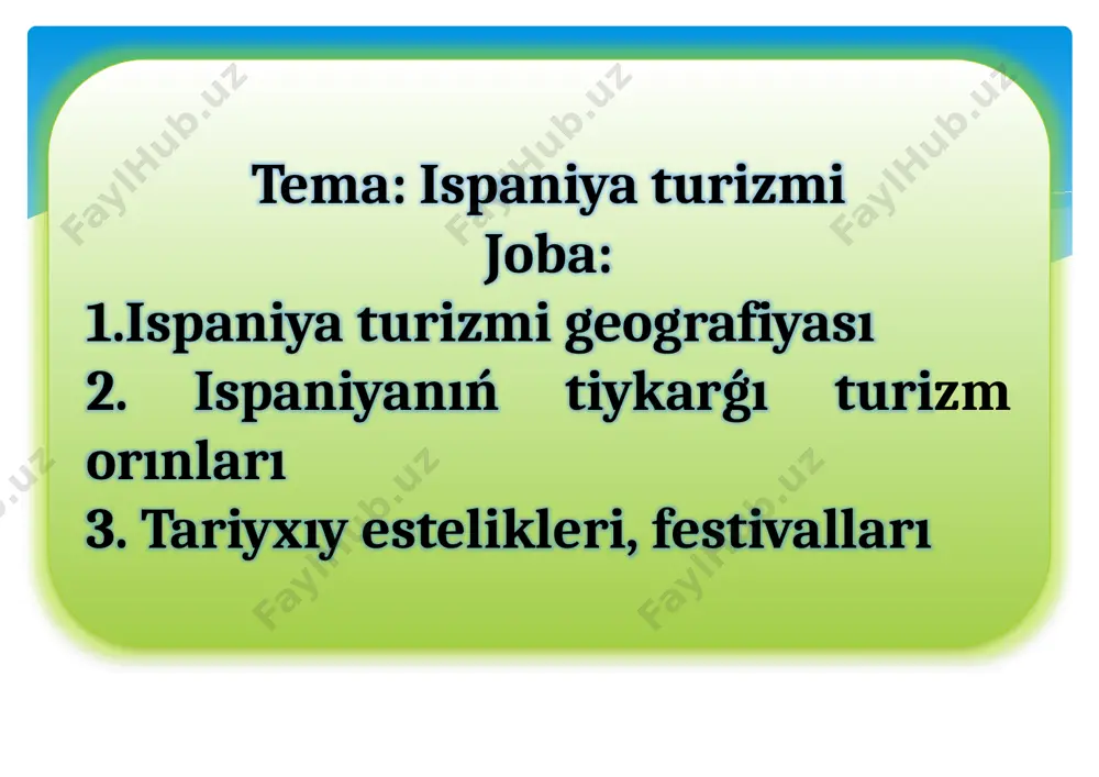 rka, ibiza (jaslar ushın eń jaqsı kurortlardan biri), gran kanariya hám tenerifeni óz ishine alǵan ataw bólegi de ajralıp turadı. ispaniyada eki mińnan aslam mineral hám termal bulaqlar bar bolıp, olardıń shıpabaxsh qásiyetleri onıń shegaralarınan sırtda da málim. ispanlar bolsa tábiyiy resurslarınan sheber paydalanadı. mámleket turizm ministrligi 2007 jılda salamatlandırıw turizmini rawajlandırıw ushın 1 million yevro ajratqan. kurortlardıń kópshiligi jasıl ispaniya dep atalatuǵın aymaqta jaylasqan bolıp, gulli otlaqlar, qaraǵay, evkalipt hám emen toǵayları, jasıl ósimlikler menen oralǵan milliy baǵlar, tog 'tizmalari hám, álbette, termal bulaqlarǵa bay. ispaniyada salamatlandırıw turizmi dem alıwshılardıń barlıq taypaların óz ishine aladı. kóplegen den sawlıqtı saqlaw oraylarında siz kekseler, mayıplar, balalar hám shańaraqqa tiyisli programmalar ushın arnawlı programmalardı tabıwıńız múmkin. salamatlandırıw xızmetlerin kompleksine uzaq waqıt dawamında buyırtpa beriw shárt emes, dem alıw kúnleri ushın mólsherlengen programmalar bar. ispaniyada turizm milliy ekonomikalıq turmısqa úlken úles qosıp atır hám ispaniya jalpı ishki óniminiń shama menen 11, 8 payızın …