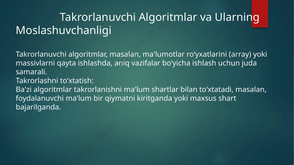 krorlashlar uchun, shartga asoslangan vazifalar uchun eng yaxshi tanlovdir. for siklining afzalliklari: takrorlash soni aniq bo‘lganda samarali. ro‘yxatlar va massivlar bilan ishlashda qulay. ma'lum diapazondagi iteratsiyalarni boshqarish oson. while siklining afzalliklari: shartni tekshirgan holda ishlaydi, shuning uchun noaniq takrorlashlar uchun mos. foydalanuvchi kiritishlariga asoslangan interaktiv sikllar yaratishda samarali. for va while sikllarining har biri dasturlashda juda muhim va ular samarali ishlatilsa, kodni yanada tezroq va samaraliroq bajarishga yordam beradi. sikllarni to‘g‘ri tanlash va optimallashtirish orqali dasturchilar samarali va mukammal dasturlar yaratishlari mumkin. foydalangan adabiyotlar: "introduction to algorithms" (thomas h. cormen, charles e. leiserson, ronald l. rivest, clifford stein) ushbu kitobda algoritmlar va ma'lumotlar tuzilmalari haqida batafsil tushuntirishlar mavjud. for va while sikllari kabi takrorlanuvchi algoritmlarni va ularning samarali ishlash usullarini keng qamrovda o‘rganishingiz mumkin. "python crash course" (eric matthes) python dasturlash tili bo‘yicha to‘liq qo‘llanma. ushbu kitobda python dasturlash tilida for va while sikllarining ishlash prinsiplari, sintaksisi va qo‘llanilishi misollar …