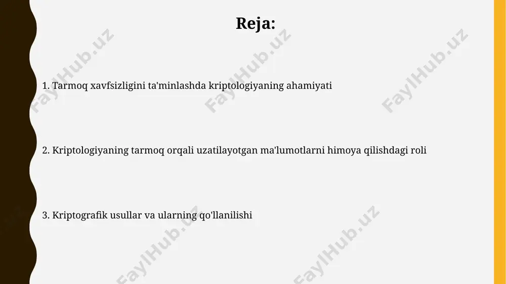 it yozuvlarini saqlash uchun muhimdir. kalitlarni boshqarish tizimlari, masalan, pkcs kriptografik protokollar tls/ssl kabi protokollar xavfsiz veb-trafikni himoya qilish uchun simmetrik va assimmetrik kriptografiya algoritmlarini birgalikda qo'llaydi, bu esa 3-darajali autentifikatsiyani ta'minlaydi. diffie-hellman kalit almashinuvi protokoli kabi ba'zi protokollar ikki tomonlama xavfsiz aloqani o'rnatish uchun ochiq kalit kriptografiyasiga tayanadi, bu esa manbalarni himoya qilishda muhim rol o'ynaydi. kvant kriptografiyasi kvant kriptografiyasi fotonlarning kvant xossalaridan foydalanib, 2^128 dan ortiq kalitlarni taqdim etadi, bu esa klassik kriptografik usullarga nisbatan ancha yuqori xavfsizlik darajasini ta'minlaydi. kvant kalit tarqatuvchi protokollari, masalan, bb84, malumotlarning maxfiyligini ta'minlash uchun bitta fotonni bir vaqtning o'zida bir necha marta o'lchash mumkin emasligi tamoyiliga asoslanadi. raqamli imzo raqamli imzo 256-bitlik rsa algoritmidan foydalanib, hujjatning asl ekanligini va o'zgartirilmaganligini tasdiqlash uchun ishlatiladi. raqamli imzo texnologiyasi, elektron hujjatlarning yaxlitligini va mualliflik huquqini himoya qilish uchun xash funksiyalari va assimetrik kriptografiyadan foydalanadi. kelajakdagi istiqbollar kriptografiyaning kvantga chidamli algoritmlarga o'tishi, 2030-yillarga kelib ma'lumotlarni himoyalashda …