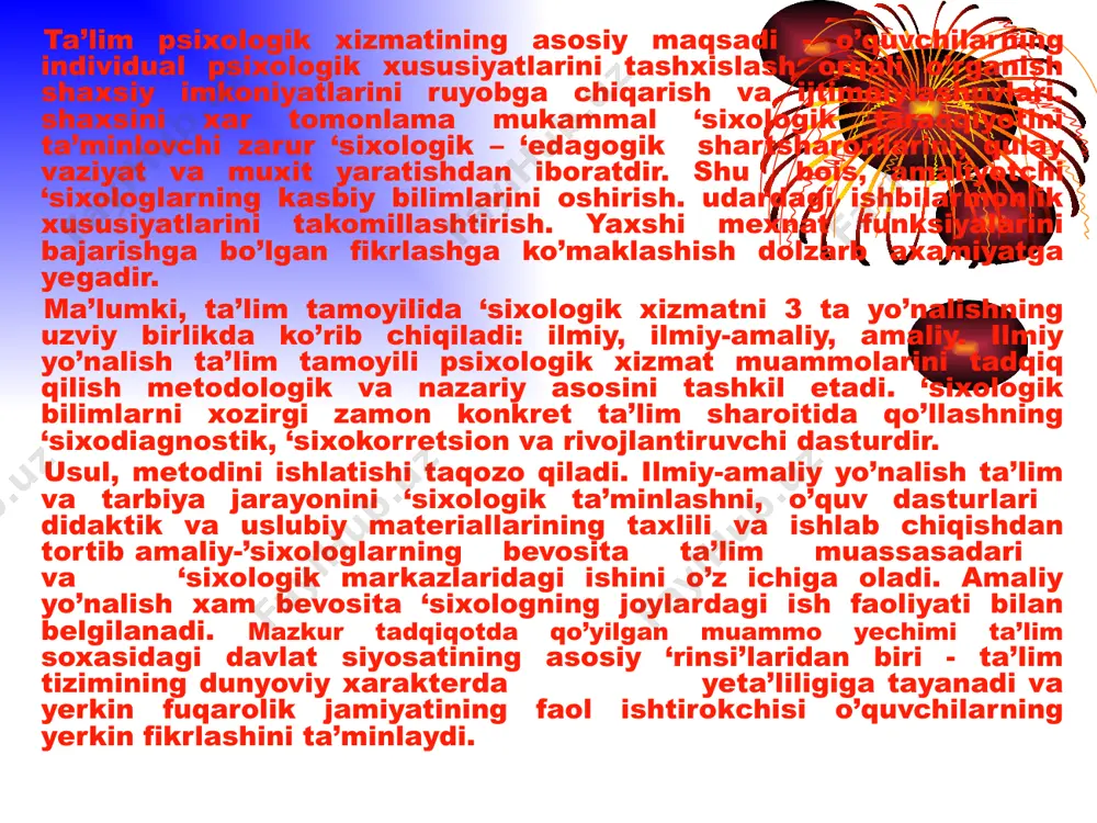 kil yetilgan o’quv faoliyatning xar bir o’quvchi shaxsiga. uning ijtimoiy taraqqiyotiga qo’shgan xissasi bilan belgilanadi. bunday mas’uliyatli vazifani ‘sixologik xizmatsiz tasavvur etib bo’lmaydi. zero, xamma rivojlangan mamlakatlarlar va xamma zamonlarda xam inson omilidan unumli foydalanish muammosi yeng dolzarb muammo xisoblangan. ushbu muammoni bartaraf yetish yesa yeng birinchi navbatda o’quv maskanlaridagi xar bir o’quvchi shaxsiga, o’quvchilar jamoasiga bulgan ‘sixologik yondashuvning mazmuni, moxiyati va saviyasiga bog’liqdir. res’ublikamiz ta’lim tizimida ‘sixologik xizmat o’zbekistan res’ublikasi xalq ta’limi vazirligi tomonidan 1996 yilning 5 aprelida tasdiqlangan "o’zbekiston res’ublikasi xalq ta’limi tizimida ‘sixologik xizmat xaqida" gi, "xalq ta’limi tizimida ishlaydigan ‘sixologning malakasini oshirish xaqidagi, "xalq ta’limi tizimida ishlayotgan ‘sixologlarning attestatsiyasi xaqida" gi nizomlar talablari asosida yo’lga qo’yilgan. psixologik xizmat kishilarda ijtimoiy va iqtisodiy ta’sirlar natijasida yuzaga keluvchi ‘sixofiziologik zo’riqishlarning oldini olish va ularni bartaraf yetish maqsadida maxsus ma’lumotlarga yega mutaxassis-’sixolog tomonidan amalga oshiriluvchi faoliyatdir. xozirgi kunda res’ublika umumta’lim maktablarida maxsus ma’lumotga yega bo’lgan amaliyotchi ‘sixologlar faoliyat olib …