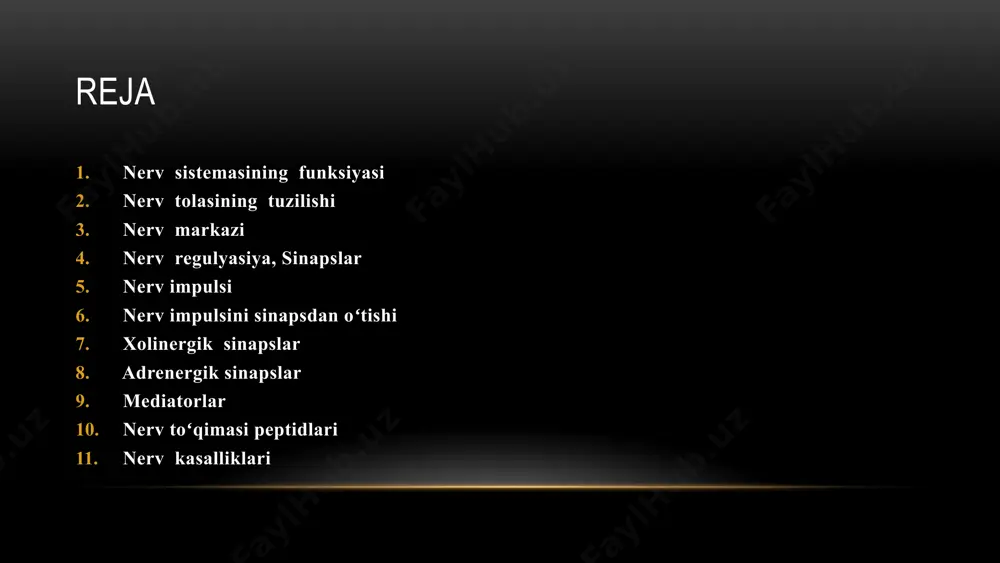 bogʻlanadi. neyronlarning biokimyoviy tuzilishi tana va dendritlar asosiy organellalar joylashgan, signal qabul qilish maydoni. akson signal uzatish uchun maxsus uzun tolalar. membrana tuzilishi lipidlar, oqsillar va uglevodlar signal o'tkazuvchini taʼminlaydi. ion kanallari ionlar harakati orqali neyron faoliyatini boshqaradi. 7 nerv tolasining tuzilishi dendridlar va aksonlarning nerv tolalari plazmatik membrananing davomi boʻlib hisoblanadigan naydan iborat. nerv impulsini shakillantirib beradigan va uning tola boʻylab harakatlanishini ta'minlaydigan asosiy molekulyar strukturalar tola membranasida joylashgan. sinapslarning biokimyosi presinaptik jarayonlar neyrotransmitterlar sintezi va ajralishi. postsinaptik jarayonlar retseptorlarga bog'lanish va signalni qabul qilish. diffuziya kimyoviy signallar sinapsta tarqaladi. 9 nerv tolalari mielin parda bilan oʻralgan, bu pardani periferik nerv sistemasida shvann hujayralari, miyada gliya hujayralari (oligodendroglial hujayralar) hosil qiladi. mielin parda shvann yoki gliya hujayralari plazmatik membranasining unumi hisoblanib, membrana ikki buklangan boʻlib, aksonni gir aylantirib, koʻp marta oʻrab turadi. mielin parda aksonning boʻylamasiga qarab kalta-kalta gʻilofchalar hosil qiladi, bularning orasida mielinsiz joylar –ranve rahmalari qoladi: ular …