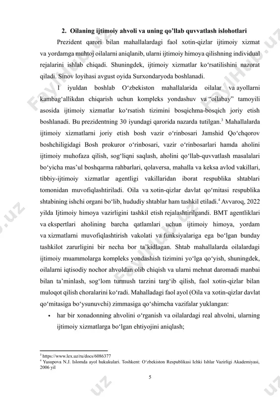ila uchun individual ijtimoiy himoya rejasini ishlab chiqish; · ijtimoiy xizmatlar koʻrsatish ustidan doimiy nazoratni amalga oshirish; · oilalarning murakkab va yuqori texnologiyali tibbiy operatsiyalarga, nogironligi boʻlgan shaxslarning protez-ortopediya buyumlariga va boshqa ijtimoiy xizmatlarga boʻlgan ehtiyojlari yuzasidan tavsiyalar va arizalar berish; · ijtimoiy himoyaga mas’ul boʻlgan barcha boʻlimlar tomonidan ijtimoiy xizmatlar koʻrsatilishini nazorat qilish. hujjatda ijtimoiy xizmatlar koʻrsatish zaruriyatini oʻrganish va qaror qabul qilish mexanizmi quyidagicha koʻrsatilgan: faol xotin-qizlar koʻrsatilayotgan yehtiyojlar va xizmatlarni, shuningdek oilalarning ahvolini oʻrganadi va har ikki haftada hududiy shtabga ma’lumotlar kiritadi: ijtimoiy xizmatlarga boʻlgan ehtiyoj, oilalarga aniq ijtimoiy xizmatlar koʻrsatish, bu boradagi tavsiya va arizalar toʻg‘risida ma’lumot beradi. oilalarning murakkab va yuqori texnologiyali operatsiyalarga, nogironligi boʻlgan shaxslarning protez-ortopediya buyumlari va boshqa shu kabi ijtimoiy xizmatlarga boʻlgan ehtiyojlarini qondirish, shuningdek, mahallalardagi xonadonlar holatini monitoring qilish, murojaatlar asosida ijtimoiy xizmatlarni oʻz vaqtida va sifatli koʻrsatadi. viloyat shtablari bu ma’lumotlarni umumlashtirib, ikki kun muddatda respublika shtabiga yuboradi. muvofiqlashtiruvchi shtab …