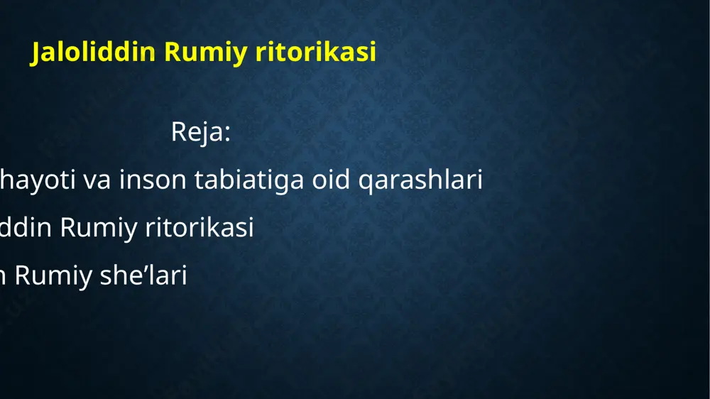 asnaviy-maʼnaviy“ ham bir necha ming baytdan iborat. bundan tashqari, „maktubot“, „fihi mo fihiy“ („ichindagi ichindadir“) nomli asarlari ham mavjud. rumiyning asarlari asosan fors tilida yozilgan, ammo baʼzida sheʼr yozishda u turk, arab va yunon tillaridan ham foydalangan. uning konyada yozilgan „masnaviy maʼnaviy“ asari fors tilidagi eng buyuk asarlardan biri hisoblanadi. uning asarlari bugungi kunda buyuk eronda va fors tilida soʻzlashadigan dunyoda asl tilda keng oʻqiladi. uning asarlari tarjimalari, ayniqsa turkiya, ozarbayjon, aqsh va janubiy osiyoda juda mashhur. uning sheʼriyati nafaqat fors adabiyotiga, balki usmonli turk, chagatay, urdu va pashtu adabiy anʼanalariga ham taʼsir koʻrsatdi. komil inson muammosi insoniyat tarixida hamisha dolzarb muammo bo‘lib kelgan va bu mavzuga doir ko‘p izlanishlar amalga oshirilgan. biz xxi asrni intellektual, har tomonlama rivojlangan yoshlar asri deymiz. bosh maqsadimiz komil inson tarbiyasi bo‘lar ekan, ruhiy kamolot bilan bog‘liq ma'naviy jihati, nafs tarbiyasi va qalb orqali mutloq xaqiqatni idrok etish masalasi ilmiy nuqtai nazardan jiddiy tadqiq …