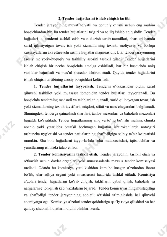 fofligini oshiradi va keng doiradagi ishtirokchilarni jalb qiladi. bu esa bozor raqobatini oshirib, xarid jarayonining sifatini yaxshilaydi. 5. tender hujjatlarining yuridik va moliyaviy ekspertizasi. tender hujjatlari tayyor bo‘lgach, ularning yuridik va moliyaviy jihatdan mutaxassislar tomonidan ekspertizadan o‘tkazilishi zarur. bu bosqichda hujjatlarning qonuniyligi, tender qoidalari va xarid maqsadlariga mosligi tekshiriladi. yuridik ekspertiza tender jarayonining qonuniy asosda o‘tishini, shuningdek, nizolar yuzaga kelishining oldini olishga xizmat qiladi. moliyaviy ekspertiza esa tenderda ko‘rsatilgan xarajatlar va moliyaviy shartlarning asoslanganligini, xarid qilinayotgan tovar yoki xizmatlarning narxlarining bozordagi o‘rnini aniqlashga yordam beradi. bu jarayonlar tenderning sifati va natijasining ishonchliligini oshiradi. 6. tender hujjatlarini takomillashtirish va yangilash. tender hujjatlari vaqt o‘tishi bilan yoki yangi qonunlar, me’yoriy hujjatlar qabul qilinishi sababli o‘zgarishi mumkin. shuning uchun tender hujjatlarini muntazam ravishda ko‘rib chiqish, yangilash va takomillashtirish talab etiladi. bu esa tender jarayonining doimiy ravishda zamonaviy va qonunlarga mos bo‘lishini ta’minlaydi. takomillashtirish jarayonida oldingi tenderlar tajribasi, aniqlangan kamchiliklar va ishtirokchilar fikrlari inobatga …