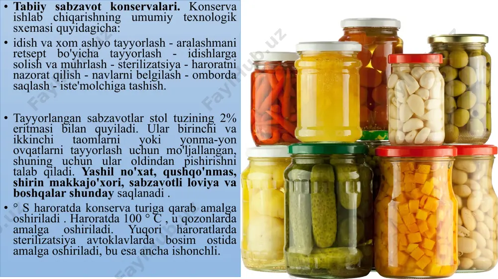 pyurening 150-180 qismini oling. murabbo bug 'qozonlarida yoki vakuum mashinalarida 45-55 daqiqa tayyor bo'lgunga qadar qaynatiladi. 5. muzlatish muzlatishdan oldin, mevalarning tabiiy rangi va ta'mini saqlab qolish, shuningdek, s vitamini yo'qotilishini kamaytirish uchun ular antioksidantlar (askorbin yoki limon kislotalari, natriy xlorid eritmalari) bilan oldindan ishlov beriladi. eritma drenajlangandan so'ng, mevalar karton qutilarga yoki plastik qoplarga joylashtiriladi va muzlatish uchun yuboriladi. tavsiya etilgan harorat 36 ° c dir . meva muzlaganda, muz hosil bo'lishi bilan hujayra shirasining to'liq kristallanishi sodir bo'ladi ( kriyoanabioz printsipi ). muzlatilgan oziq-ovqatlarni yuqori bo'lmagan haroratda saqlang - 18-15 o c va nisbiy havo namligi 95-98%. muzlatilgan mevalar va rezavorlar uchun yuqori saqlash harorati ularning sifatining yomonlashishiga olib kelishi mumkin. muzlatilgan meva-sabzavot mahsulotlarida barcha ozuqaviy sifatlar, vitaminlar va biologik faol moddalarning 80% saqlanib qoladi. ular mevalarni (o'rik, shaftoli), rezavorlar (qulupnay, malina), sabzavot aralashmalarini (gulkaram, brokkoli, qushqo'nmas, loviya va loviya, sabzi va boshqalardagi no'xat) muzlatishlari mumkin. tarvuz, bodring, …