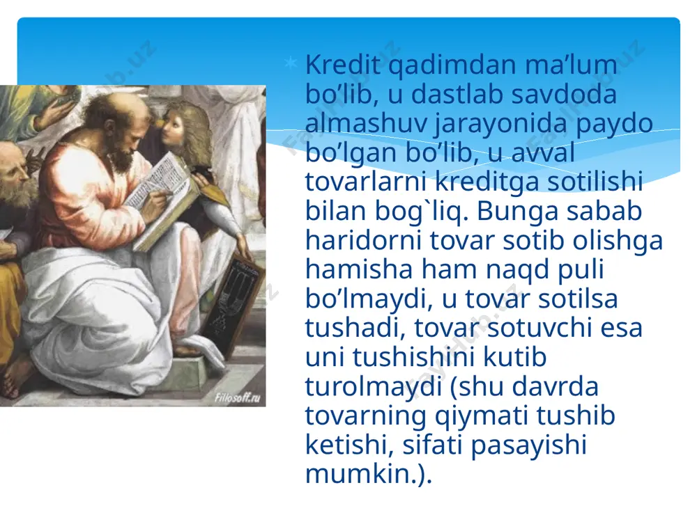 `lsa, ularni sotish va sotib olish uchun shuncha ko`p pul miqdor talab qilinadi. pul qanchalik tez aylansa, muomala uchun zarur bo`lgan pul miqdori shuncha kam bo`ladi. ko`pincha tovarlar qarzga(kreditga) sotiladi va ularning haqi kelishuvga muvofiq keyingi davrlarda to`lanadi. . kreditning mohiyati , manbalari va vazifalari. kredit - bo`sh turgan pul mablag`larini ssuda fondi shaklida to`plash va ularni pulga muhtoj bo`lib turgan huquqiy va jismoniy shaxslarga ishlab chiqarish va boshqa ehtiyojlari uchun ma`lum muddatga, foiz to`lovlari bilan qaytarish shartida qarzga berish munosabatlarini ifodalaydi. kredit munosabatlari obyekti - jamiyatda vaqtincha bo`sh turgan pul mablag`laridir. kredit munosabatlarining subyektlari - korxona va firmalar, tashkilotlar, davlat, aholining keng qatlami hisoblanadi. kredit resurslarining asosiy mablag`lari: korxonalarning amortizatsiyasi ajratmalari; mahsulot sotishdan olingan pul tushumlari; korxonalarning ishlab chiqarish , fan va texnikani rivojlantirish fondlari, moddiy rag`batlantirish fondlari; korxonalar foydasi. ular davlat budjeti va kredit tizimi bilan hisob- kitob qilguncha , uning tegishli qismi korxona ehtiyojlari uchun foydalanguncha bankdagi …