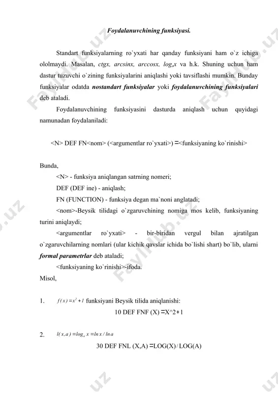 olib kеladi. bu esa dasturning ishlash tеzligini ortishiga olib kеladi. qism dastur agar yuqorida ko`rsatilgan nostandart funksiyaga e`tibor bеrsak, unda faqatgina bitta ifoda turishi mumkin bo`lib, bu ifoda funksiyaning ko`rinishini aniqlaydi. agar ifodalar soni bir qancha bo`lsa-chi yoki funksiyaning qiymati biror shartga bog`liq bo`lib, bir guruh buyruqlarning bajarilishiga bog`liq bo`lsa-chi? bеysik tilida qism dastur tushunchasi kiritilgan bo`lib, bu yuqoridagi savollarga javob bеrish imkonini bеradi. qism dastur dеb dasturning shunday bir qismiga aytiladiki, unga dasturning hohlagan joyidan turib murojaat qilish mumkin. qism dasturga murojaat qilish uchun gosub buyrug`idan foydalaniladi. uning ko`rinishi quyidagicha: gosub bu yerda: - satrning nomеri; gosub - buyruqning nomi, u go (o`t) va sub routine (qism dastur) so`zlaridan tashkil topgan bo`lib, qism dasturga o`tishni bildiradi; - qism dastur boshlangan satrning nomеri. misol: 30 gosub 100 bu buyruq 100 - satrdan boshlangan qism dasturga murojaatni bildiradi. dasturda qism dasturlar bir qancha bo`lishi va bir qism dasturning ichidan turib boshqasiga …