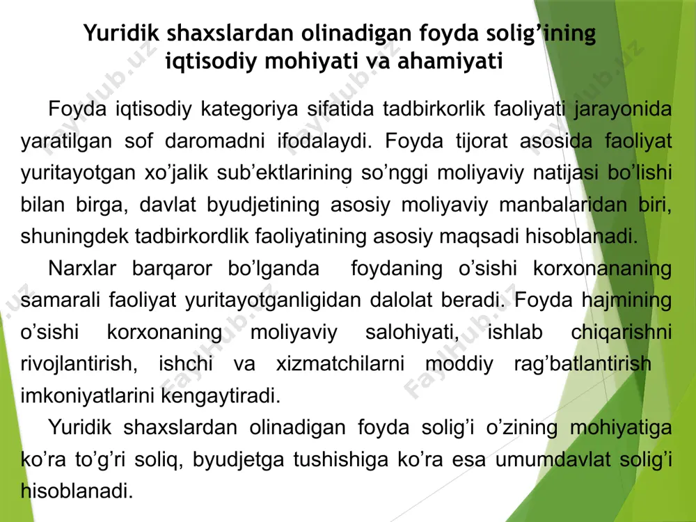6–2015 o‘rtacha stavka: 10,95 % (2004–2025 doirasida) 2015 taxminan 8 % (take profit) 2016 eng past nuqta — 7,5 % 2018–2019 7,5 % 2021–2022 2021 uchun: 7,5 %; 2022 ham — 15 % (2023 esa 15 %) 2023–2025 15 % (2025 yilga qadar saqlanishi belgilangan) qo‘shimcha ma’lumot: 2025 yildan boshlab korxonalarga soliq stavkasi 15 % bo‘lib qoldi, va shu stavka 2028 yilgacha o‘zgarmasligi qaror qilingan. 2025–2028 yillarda, tikuv-kiyim, oyoq kiyim hamda charm mahsulotlari ishlab chiqaruvchi muayyan shartlarga javob beradigan korxonalar uchun foyda solig‘i va xodimlar shaxsiy daromad solig‘i 1 % etib belgilangan. soliq kodeksiga ko’ra yuridik shaxslardan olinadigan foyda solig’i to’lovchilari bo’lib, moliya yilida soliqqa ortiladigan foydaga ega bo’lgan yuridik shaxslar hisoblanadi. foyda solig’i to’lovchi yuridik shaxslar (o’zr sk 126-modda) o’zbekiston respublikasining rezidentlari o’zbekiston respublikasining norezidentlari o’zbekistonda ta’sis etilgan yoki ro’yxatdan o’tgan hamda bosh korxonasi o’zbekistonda joylashib, o’zrdan tashqarida ro’yxatdan o’tgan yuridik shaxslar o’zr rezidentlari hisoblanadi o’zbekiston respublikasi rezidenti bo’lgan …