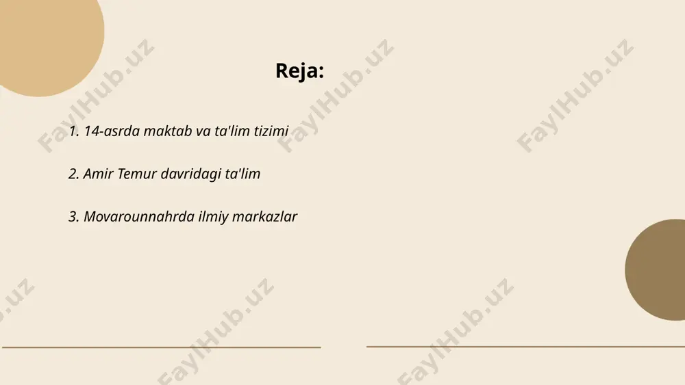 o'rgatildi. ta'lim arab tilida olib borilgan va yozuv asosan qo'lyozma shaklida edi. o'sha davrda maktablarning soni cheklangan edi va asosan katta shaharlarda joylashgan edi. ulug'bek madrasasi singari madrasa va ilmiy markazlar eng nufuzli ta'lim muassasalari hisoblangan va turli fanlar, jumladan matematika va astronomiya, hamda boshqa ilmlar o'qitilgan. ... t.me/slaydai_bot 2. amir temur davridagi ta'lim amir temur davridagi ta'lim tizimi kuchli harbiy-elita tayyorgarligiga asoslangan edi. bu davrda madrasalar ilm-fan va din o‘rganiladigan asosiy dargohlardan biri hisoblangan. samarqand va buxoro madrasalari fan, falsafa, astronomiya va tilshunoslik kabi sohalarda yetuk mutaxassislarni tayyorlardi. amir temur ilm-fanga homiylik qilar, ilm ulashuvchi olimlarni o‘z saroyida jamlardi. xususan, samarqandda astronom ulug‘bek tomonidan rasadxona tashkil etilishi bu davrning yirik ilmi yutuqlaridan biridir. temur hukmronligi ostida ta'limning rivojlanishi markaziy osiyoning intellektual va madaniy markazga aylanishida muhim rol o‘ynagan. ... t.me/slaydai_bot movarounnahrda ilmiy markazlar asosan ix-xii asrlarda taraqqiy etgan. samarqand, buxoro, va toshkent ilmiy muhitning markazlari bo'lib, bu yerda ko'plab …