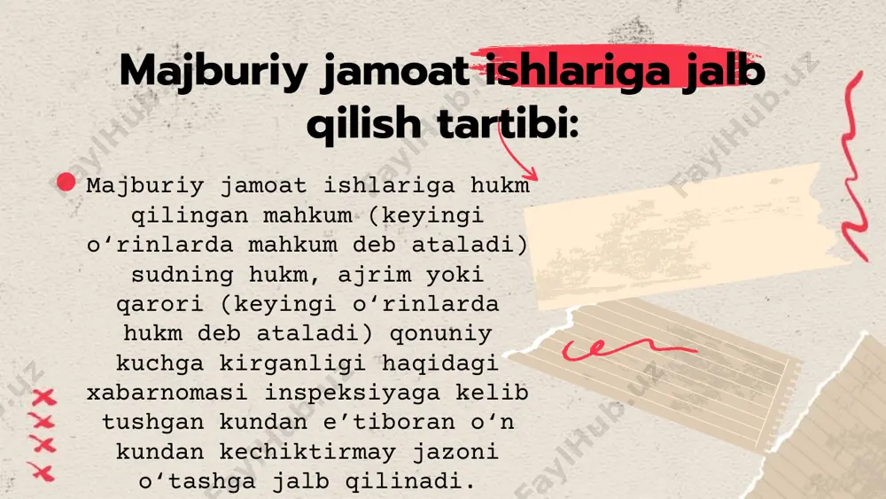 o‘ldiriladi. majburiy jamoat ishlari tariqasidagi jazoning ijro etilishi mehnat qonunchiligi bo‘yicha tartibga solinmaydi, mahkum bilan mehnat shartnomasi tuzilmaydi va u jazoni o‘taydigan tashkilotning ishchilari hisobi (shtati)ga kiritilmaydi. mahkumlar tomonidan bajarilgan ish hajmini nazorat qilish imkoniyati mavjud bo‘lmasa, ular dam olish va bayram kunlari jazoni o‘tashmaydi. mahkumga asosiy ish joyidan navbatdagi har yilgi mehnat ta’tili, ta’lim olish munosabati bilan va ijodiy ta’tillar berilishi, shuningdek, o‘qish ta’tillari (kanikul) majburiy jamoat ishlari tariqasidagi jazoning ijrosini to‘xtatib turmaydi. majburiy jamoat ishlari tariqasidagi jazoni o‘tash vaqti mehnat stajiga qo‘shilmaydi. mahkum quyidagi huquqlarga ega: mahkum quyidagi huquqlarga ega: jazoni o‘tash tartibi va shartlari to‘g‘risida, shuningdek, o‘zining huquq va majburiyatlari haqida axborot olish; majburiy jamoat ishlarini o‘tash davomida mehnatga layoqatini yo‘qotganda (shu jumladan ushbu jazoni o‘tash davrida homiladorlik va tug‘ish ta’tili berilgan ayollar) yoki pensiya yoshiga yetgan taqdirda, qolgan jazoni o‘tashdan ozod qilish to‘g‘risida sudga iltimosnoma bilan murojaat etish. mahkum. majburiy jamoat ishlari tariqasidagi jazoni ijro etish …