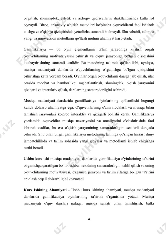 ib, darslarni yanada esda qolarli va samarali qiladi. kurs ishining ahamiyati shundaki, u musiqa madaniyati o'quv dasturlarida innovatsion metodlarning, xususan, gamifikatsiya o'yinlarining samaradorligini o'rganadi. bu ish o'qituvchilarga o'quvchilarning qiziqishini va faoliyatini oshirish uchun zamonaviy pedagogik yondashuvlarni qo'llash imkoniyatini yaratadi. o'quvchilarning o'qishga bo'lgan qiziqishlarini kuchaytirish, ta'lim jarayonini yanada samarali qilish va yangi metodlarni o'qitish jarayoniga joriy etish, musiqa madaniyati darslarining samaradorligini oshiradi va ta'lim sifatini yaxshilaydi. shuningdek, kurs ishi ilmiy jamoatchilik uchun ham ahamiyatli bo'lib, ta'limda gamifikatsiya metodlarini yanada rivojlantirishga yordam beradi. bu, o'z navbatida, ta'lim tizimini yanada zamonaviy va samarali qilishga xizmat qiladi. kurs ishining predmeti - ushbu kurs ishining predmeti musiqa madaniyati darslarida gamifikatsiya o'yinlarining qo'llanilishi va uning ta'lim jarayoniga ta'siri hisoblanadi. gamifikatsiya, o'yin elementlarini ta'lim jarayoniga kiritish orqali o'quvchilarning motivatsiyasini oshirish va o'qishga bo'lgan qiziqishni kuchaytirish usulidir. kurs ishi doirasida musiqa madaniyati darslarida gamifikatsiya o'yinlarining o'quvchilarning bilim olish jarayoniga, faolligiga, va motivatsiyasiga qanday ta'sir ko'rsatishi o'rganiladi. predmetga quyidagi …