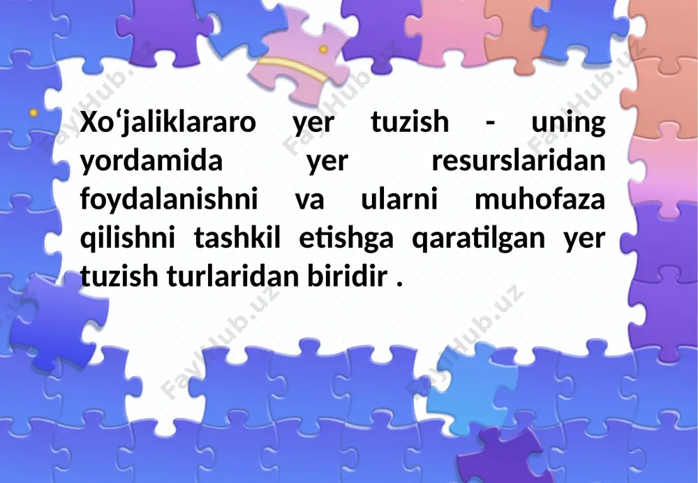 tuzishni, qayta tuzishni, tartibga solishni (takomillashtirishni) va yerlarni joylarda ajratishni o‘z ichiga oladigan yer tuzish ishlari tizimidir yer egaliklarini (yerdan foydalanishlarni) tuzish - xoxlagan yerlarda yangi xo‘jalikning yoki korxonaning mos yer maydonini yaratishdir yer egaliklarini (yerdan foydalanishlarni) qayta tuzish - xo‘jaliklar maydonlarini, joylashishini, shaklini va sonini sezilarli o‘zgartirishdir. yer egaliklarini (yerdan foydalanishlarni) tartibga solish - yer uchastkalarining o‘lchamlarini (joylashishi, maydoni, chegaralari) maqsadli yaxshilashdir. xo‘jaliklararo yer tuzish faqat unga haqiqiy zarurat tug‘ilganda, ob’ektiv sabablar bor bo‘lganda va boshqa hech qanday tadbirlar zarur natijani bermaganda o‘tkaziladi. yer egaligi (yerdan foydalanish) turg‘un bo‘lishi kerak, aks holda, u oqilona va samarali bo‘lmaydi. xo‘jaliklararo yer tuzishning omillari - xo‘jaliklararo yer tuzishni o‘tkazish zaruratini keltirib chiqaruvchi sabablar va sharoitlardir. ularning eng asosiylari - faoliyati uchun yer uchastkasi talab qilinadigan yangi xo‘jalikni (korxona, muassasa, tashkilot) tashkil etish, ya’ni, yangi yer egaligini (yerdan foydalanishni) tuzish, yerlar fondini yaratish, hududiy tuzilmalarning yangi chegaralarini belgilash hisoblanadi . quyidagi omillar faqat …