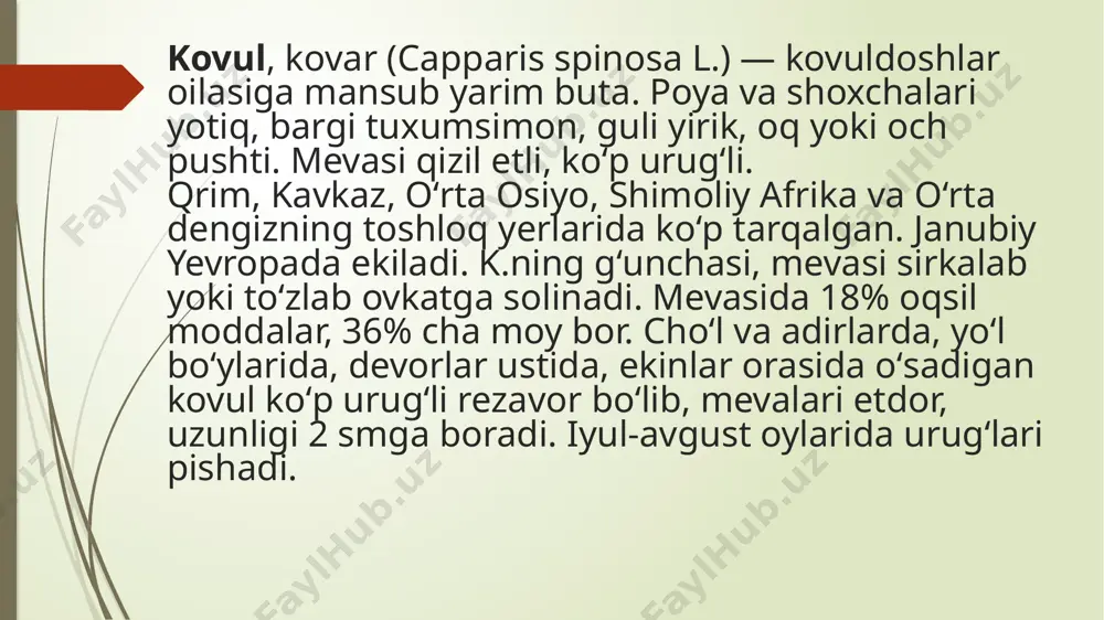 yyorlanishi tabobatda pishgan mevasi, barglari, novda va ildiz poʻstlogʻi ishlatiladi. may-avgust oylarida ochilmagan gʻunchalari, barglari terib olinadi. shu bilan birga yosh, yogʻochlasha boshlagan novdalari va ildizining poʻstlogʻi shilib olinadi, maydalanadi hamda quyoshda yoki 50-60ºs haroratda quritiladi.poʻstlogʻidan tayyorlangan damlama ishtaha ochuvchi ta’sirga ega prezidentimiz namanganda kovulchilikni rivojlantirish bo’yicha assotsiatsiya tashkil etishni taklif qildi kovul o’simligi o’ziq ovqatda ham ishlatiladi kovul ishlatilishi va dorivor xususiyatlari ildiz po‘stlog‘idan nastoyka tayyorlash uchun 20 g shilib olingan po‘stlog‘i ustiga 0,5 l qaynagan suv quyiladi, 1-2 soat davomida tindiriladi. kuniga uch mahal ovqatdan oldin 1/2 stakandan ichiladi. teri kasalliklarida quritilgan ildiz po‘stlog‘idan 2 choy qoshiq olinib ustiga bir stakan suv quyiladi hamda past olovda 10-15 minut qaynatiladi. sovitilgan qaynatmasi bilan kasallangan teri tez-tez artiladi. stenokardiya, sariq kasalligida quritilgan ildiz po‘stlog‘idan 2 choy qoshiq olinib ustiga bir stakan suv quyiladi hamda past olovda 10-15 minut qaynatiladi. sovitilgan qaynatmasi kuniga uch mahal 1 oshqoshiqdan ichiladi. tireotoksikoz, gemorroyda quritilgan …