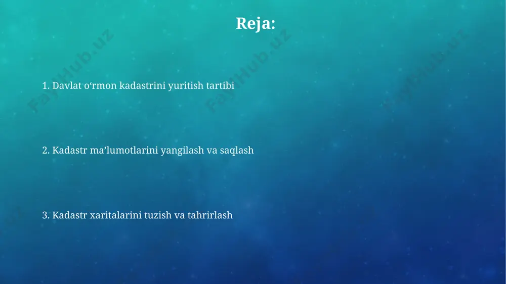 ilanishlarni amalga oshirish va har bir o'zgarish uchun batafsil metama'lumotlarni, shu jumladan, sanani, manbasini va bajaruvchini qayd etish kerak. kamida 5 gektar maydondagi o'zgarishlarni rasmiy hujjatlar (masalan, qarorlar, protokollar) bilan tasdiqlash va bu hujjatlarni raqamli arxivga joylashtirish, shuningdek, o'zgarishlar to'g'risidagi ma'lumotlar bazasida ularga havolalarni yaratish zarur. kadastr ishlarini moliyalashtirish kadastrni yangilash va uni yuritish uchun zarur bo'lgan texnik vositalarni sotib olish, dasturiy ta'minotlarni modernizatsiyalash va xodimlarni o'qitishga kamida 15% mablag' ajratilishi kerak, bu samaradorlikni oshirishga yordam beradi. kadastr ishlarining moliyaviy hisobotlari har chorakda, xalqaro standartlarga muvofiq, aniq va shaffof tarzda taqdim etilib, kamida 10 ta ko'rsatkich bo'yicha tahlil qilinadi. ma'lumotlar bazasini yaratish va yangilash ma'lumotlar bazasini yangilash jarayoni har yili o'tkaziladi va unda 10% dan kam bo'lmagan hudud qayta tekshiruvdan va yangilanishdan o'tkaziladi, bu esa aniqlikni ta'minlaydi. gps koordinatalari, o'rmon turi, yer qoplamasi kabi 20 dan ortiq atributlarni o'z ichiga olgan ma'lumotlar bazasi, postgresql yoki arcgis kabi gis tizimlarida saqlanadi …