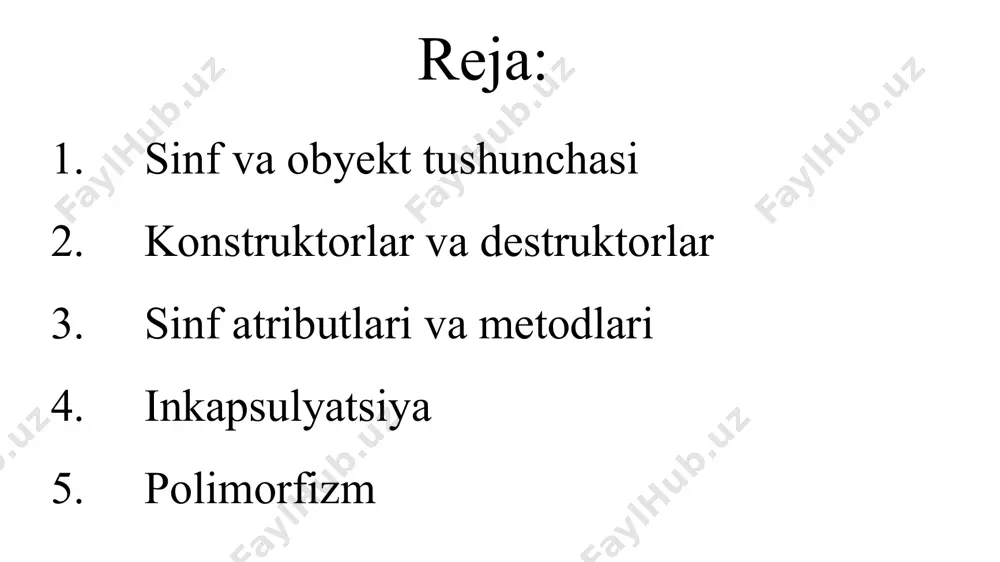 ichida __del__ nomi bilan aniqlanadi va obyektni yo‘q qilishdan oldin tozalash ishlarini bajaradi. konstruktor yaratish: class avtomobil: def __init__(self, model, rang): self.model = model self.rang = rang print(f"{self.model} avtomobili, {self.rang} rangda yaratildi.") obyekt yaratishda konstruktorning chaqirilishi: avtomobil1 = avtomobil("chevrolet", "qora") # chevrolet avtomobili, qora rangda yaratildi. avtomobil2 = avtomobil("toyota", "oq") # toyota avtomobili, oq rangda yaratildi. destruktor yaratish: class avtomobil: def __init__(self, model, rang): self.model = model self.rang = rang print(f"{self.model} avtomobili yaratildi.") def __del__(self): print(f"{self.model} avtomobili yo‘q qilindi.") obyekt yo‘q bo‘lganda destruktorning chaqirilishi: avtomobil1 = avtomobil("chevrolet", "qora") # chevrolet avtomobili yaratildi. del avtomobil1 # chevrolet avtomobili yo'q qilindi. asosiy farqlar: konstruktor obyekt yaratilganda chaqiriladi va obyektning boshlang‘ich holatini o‘rnatadi. destruktor obyekt yo‘q qilinganda yoki dastur yakunida avtomatik tarzda chaqiriladi va obyekt bilan bog‘liq resurslarni tozalashda ishlatiladi. python tilida destruktorlar kamroq ishlatiladi, chunki pythonning o‘zida avtomatik xotira boshqaruvi (garbage collection) mavjud, lekin zarur holatlarda foydali bo‘lishi mumkin. sinf atributlari sinf …