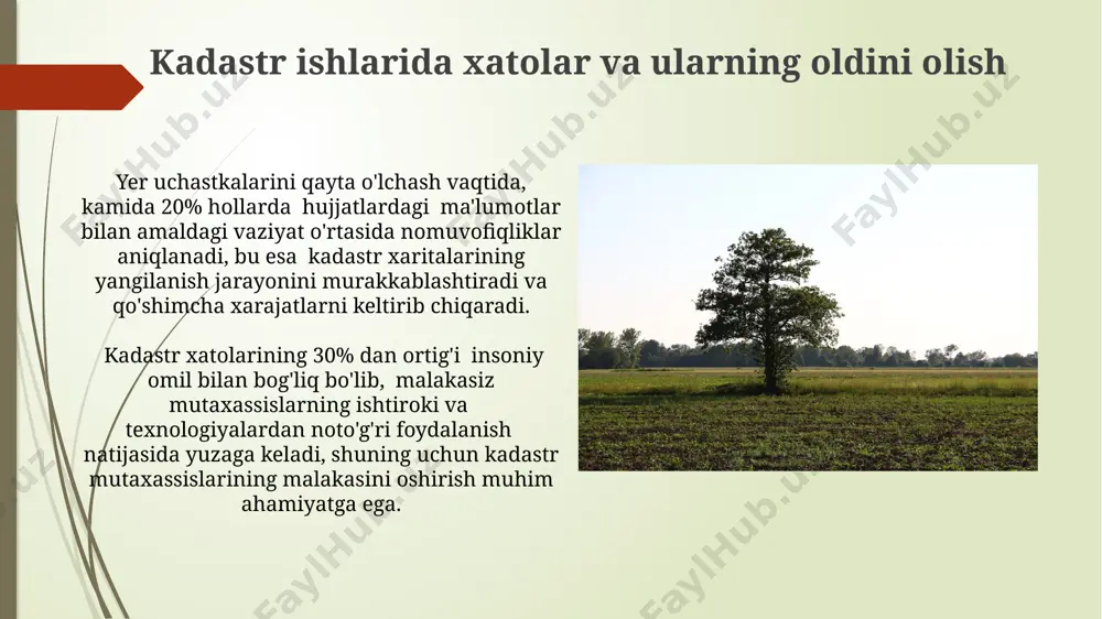 di va yer uchastkalarining chegaralari aniq koordinatalar bilan belgilanadi, bu esa keyinchalik ma'lumotlar bazasiga kiritiladi. yer uchastkalarini kadastr rejalarini tuzishda, geodezik ishlarni o'tkazish va topografik suratlarni qayta ishlash uchun malakali mutaxassislar va zamonaviy texnologiyalar, masalan, gps texnologiyalaridan foydalaniladi. davlat nazorati va nazoratning turlari davlat nazorati yer uchastkalarining maqsadli ishlatilishini taʼminlashda muhim rol oʻynaydi, 3 ta asosiy turga boʻlinadi: yer kadastri maʼlumotlarining toʻgʻriligini nazorat qilish, yer uchastkalarining huquqiy holatini tekshirish va yer resurslaridan foydalanish samaradorligini baholash. davlat nazoratining samaradorligini oshirish uchun, zamonaviy axborot texnologiyalari, jumladan, geomaʼlumot tizimlari va sunʼiy yoʻldosh navigatsiya tizimlari kabi vositalardan foydalanish tavsiya etiladi. kadastr hujjatlari va ularning mazmuni кадастр ҳужжатлари ер участкаларининг ҳуқуқий ҳолати, майдони, чегаралари ва бошқа хусусиятлари тўғрисидаги маълумотларни ўз ичига олади, бунда камида 3 та асосий бўлим бўлиши керак. кадастр ҳужжатларининг ҳуқуқий кучи давлат томонидан тасдиқланади ва ер участкалари билан боғлиқ барча ҳуқуқий муносабатларда асосий ҳужжат сифатида хизмат қилади, уларнинг аниқлиги 99% дан юқори …