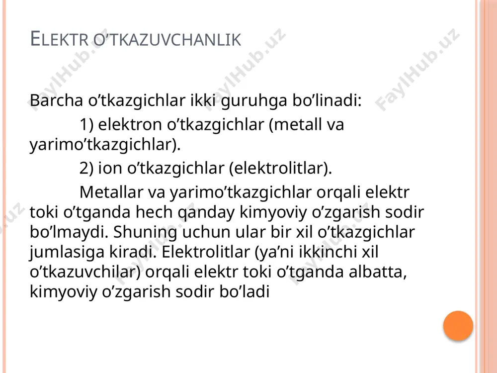 nini tubandagicha yozish mumkin: λ∞=f(uk*ua) eritmalarning elektr o’tkazuvchanligi nazariy jihatdan ham ahamiyatga ega. elektr o’tkazuvchanlikdan foydalanib, bir qancha amaliy misollarni hal qilish mumkin. chunonchi, oz eriydigan tuzlarning eruvchanligini aniqlash, gidroliz darajasini hisoblash kabi muhim masalalar elektr o’tkazuvchanlikni o’lchash bilan tez hal bo’ladi. ishlab chiqarish sharoitida ko’p mahsulotlar ayniqsa xomashyolarni kislota yoki ishqorlar bilan sinab ko’rish kerak bo’ladi. lekin bunday hollarda ba’zan kimyoviy titrlash usullaridan foydalanish qiyin, chunki eritma loyqa bo’lganidan indikator tiniq rangni ko’rsatmaydi. ana shunday hollarda eritmaning elektr o’tkazuvchanligini o’lchab, to’gri natija olish mumkin. h+ va oh- ionlar elektr maydonida hamma ionlarga qaraganda tez harakat qiladi. shuning uchun ham kislota va asos eritmalarining elektr o’tkazuvchanligi ularga muvofiq keladigan tuzlarnikidan ortiq bo’ladi. metallar elektr o’tkazuvchanligini elektron nazariya asosida tushuntirish металларда заряд ташувчиларнинг табиати металларда заряд ташувчи зарранинг табиатини аницлаш учун қуйидаги тажрибалар қилинган. рикке иккита мис цилиндр уртасига шу диаметрдаги алюминий цилиндрни қўйиб, бу система орқали узлуксиз равишда бир йил …