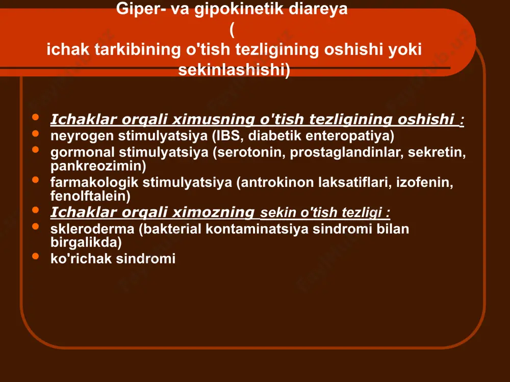 gipovolemik shok ichak neoplazmalari tez-tez joylashgan joylar: to'g'ri ichak, sigmasimon va tushuvchi yo'g'on ichak intoksikatsiya yo'q diareyadan qon ketishining ustunligi sigmoidoskopiya ma'lumotlari endometrioz og'riq va ichakdan qon ketishi menstrüel tsikl bilan bog'liqlik irritabiy ichak sindromi noto'g'ri va anormal ichak harakatlari defekatsiyadan keyin yengillik diffuz qorin og'rig'i. meteorizm umumiy nevrologik alomatlar (migren, asteniya va boshqalar) bakterial tekshiruv vaqtida patogen mikrofloraning yo'qligi sigmoidoskopiyada qo'pol o'zgarishlarning yo'qligi koprogrammada yallig'lanish elementlarining yo'qligi tekshirish algoritmi koprogramma najasni bakteriologik tekshirish (qusish, oshqozonni yuvish, qon, siydik) serologik tadqiqotlar sigmoidoskopiya irrigoskopiya kolonoskopiya najas mikroskopiyasi gelmint tuxumlari leykotsitlar epiteliya qon shilliq hazm qilinmagan ximus parchalari leykotsitlar, koprogrammadagi epiteliy shigelloz salmonellalar yersinioz escherichiosis o157 amyobiaz antibiotik bilan bog'liq diareya uc crohn kasalligi koprogrammadagi o'zlashtirilmagan ximus komponentlari shigelloz, salmonellyoz, pti, yersinioz, escherixiozning gastroenterik variantlari giardiaz yuqumli bo'lmagan diareya (pankreatit, çölyak enteropatiyasi, malabsorbtsiya sindromi, rezektsiyadan keyingi sindromlar, disaxaridaza etishmovchiligi va boshqalar) najas mikroskopiyasi yordamida tashxisni tasdiqlash gelmint tuxumlari (enterobiaz, askarioz, trixosefaloz, taeniasis, …