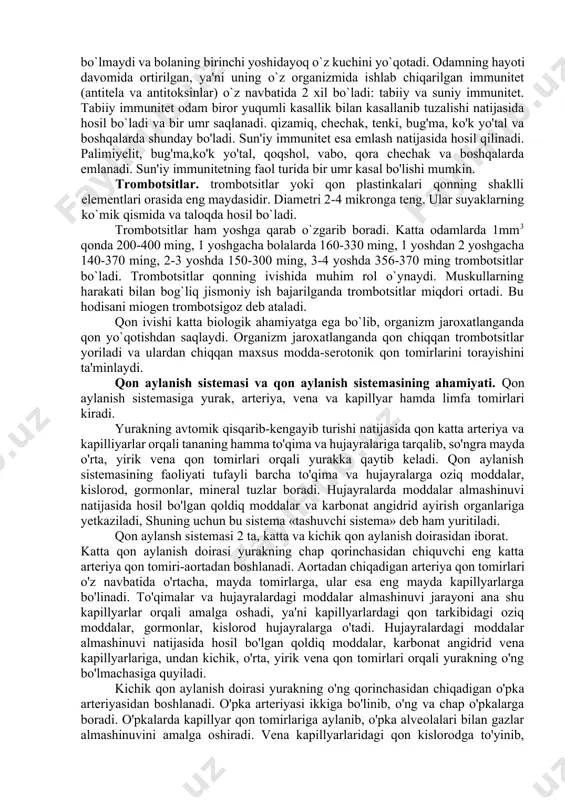 ida ichki nafas olish sodir bo`ladi. eritrotsitlar va ular tarkibidagi gemoglabinnng hosil bo`lishi va soni normal miqdolrda bo`lishi odamning sog`ligiga, ovqatlanishiga, jismoniy mashqlar bilan shug`ullanishiga va boshqalarga bog`liq bo`ladi. eritrotsitlar suyaklarning ko`mik qismida hosil bo`lib, 120 kun yashaydi. so`ngra ular jiga rva toloqda parchalanib, suyak ko`migida hosil bo`layotgan eritrotsitlar uchun oziq bo`lib sarflanadi. eritrotsitlarning asosiy vazifasi, ular nafas organlaridan (o`pkadan) organizm to`qimalariga kislorod tashish va organizmda tuz va suv muvozanatini ushlash vazifasini bajaradi. bolalar va o'smirlarda kamqonlik va uning oldini olish. kamqonlik-bu eritrositlarning soni va ular tarkibidagi gemoglobin miqdorining kamayishidir. kamqonlikda bolalar va o'smirlarda bosh og'rig'i, bosh aylanishi, ko'z oldining qorong'ilashishi, o'qish va ish qobiliyatining pasayishi kuzatiladi. kamqonlikda organizm holsizlanib, turli kasalliklarga tez beriluvchan bo'lib qoladi. kamqonlikning oldini olish uchun kun tartibiga rioya qilish, ratsional ovqatlanish, ovqat tarkibida oqsil, temir moddalari, darmondorilar yetarli miqdorda bo'lishi, jismoniy mashqlar bilan muntazam shug'ullanish, ochiq havodan nafas olish, ko'proq tabiat qo'ynida bo'lish kerak. leykotsitlar …