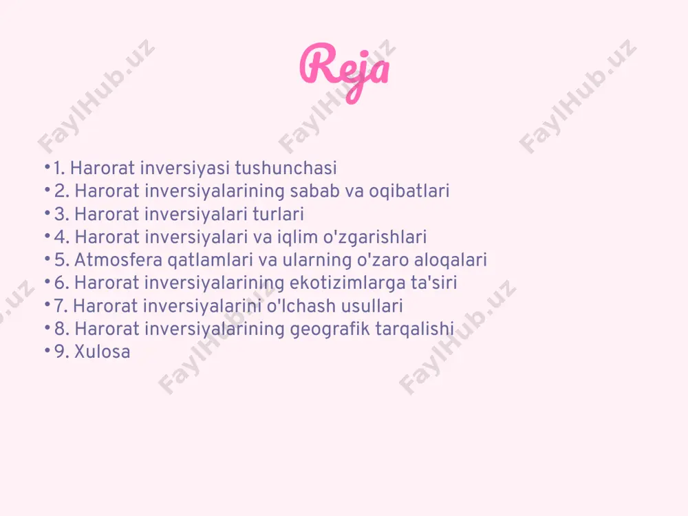 ri - radio va televizion to‘lqinlar atmosferadagi o‘zgarishlarga bog‘liq bo‘lgani uchun inversiya ularga ta’sir qilishi mumkin. - radar tizimlari va aloqa signallari egilib, noto‘g‘ri ko‘rinish yoki uzilishlar sodir bo‘lishi mumkin. ✅ aviatsiyaga ta’siri - havo qatlamlaridagi harorat o‘zgarishi turbulentlikni oshirishi va parvozlarni qiyinlashtirishi mumkin. - inversiya paytida past balandliklarda tuman va smog hosil bo‘lib, ko‘rinishni yomonlashtiradi. harorat inversiyalari turlari harorat inversiyalari bir necha turga bo'linadi: radiatsion nversiya, advektiv inversiya va dinamik inversiya. radiatsion inversiya kun davomida yerning quyosh nuri bilan qizishi va kechqurun sovishi tufayli yuzaga keladi. advektiv inversiya, issiq havo massalarining sovuq havo ustiga surilishi natijasida paydo bo'ladi. dinamik inversiya esa tog' hududlarida, o'zgaruvchi balandliklar tufayli hosil bo'ladi. har bir tur o'ziga xos sharoitlarda yuzaga keladi va turlicha hodisalarni keltirib chiqaradi. harorat inversiyalari va iqlim o'zgarishlari iqlim o'zgarishlari harorat inversiyalariga ta'sir ko'rsatishi mumkin. iqlimning isishi inversiyalarni kuchaytirishi yoki yoki kamaytirishi mumkin. iqlim o'zgarishi natijasida havo qonuniyatlari o'zgaradi, bu esa …