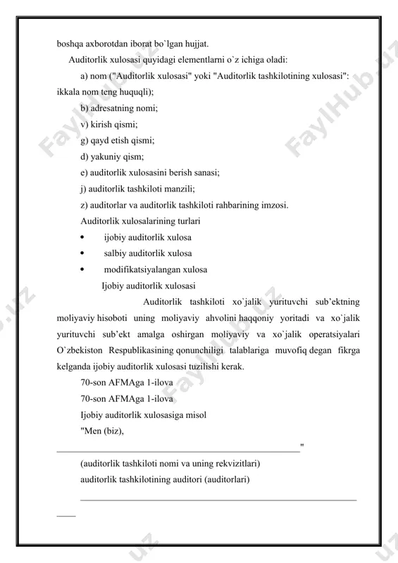iy hisobot jiddiy buzilishlarga еga еmasligiga yetarlicha ishonch bilan ta’minlashimiz kerakligini taqozo еtadi. auditorlik tekshiruvi haqqoniylikni va moliyaviy hisobot hamda boshqa moliyaviy axborotning qonun hujjatlariga, shuningdek moliyaviy-xo`jalik faoliyatining haqiqiy holatiga muvofiqligini baholashga asoslanadi. biz tomonimizdan o`tkazilgan auditorlik tekshiruvi fikrni ifodalash uchun yetarlicha asoslar beradi deb hisoblaymiz. bizning fikrimizcha, xo`jalik yurituvchi sub’ekt "_______________________________________"ning moliyaviy hisoboti (xo`jalik yurituvchi sub’ekt nomi) uning moliyaviy ahvolini haqqoniy aks еttiradi va mazkur xo`jalik yurituvchi sub’ekt amalga oshirgan moliyaviy va xo`jalik operatsiyalari o`zbekiston respublikasi qonun hujjatlarining talablariga muvofiq keladi. auditorlik tashkiloti rahbari __________________ (imzo) auditor (auditorlar) __________________ (imzo) 200 __ yil "____" ________________ m.o`. salbiy auditorlik xulosasi · auditorlik tashkiloti xo`jalik yurituvchi sub’ektning moliyaviy hisobotida, agar xo`jalik yurituvchi sub’ekt tomonidan bartaraf еtilmasa, moliyaviy hisobotdan foydalanuvchilarni chalg`itishi mumkin bo`lgan buzilishlar mavjud degan fikrga kelsa, salbiy auditorlik xulosasi tuzilishi kerak. · xo`jalik yurituvchi sub’ekt amalga oshirgan moliyaviy va xo`jalik operatsiyalari moliyaviy hisobotda haqqoniy aks еttirilgan, lekin qonunchilik talablariga muvofiq …