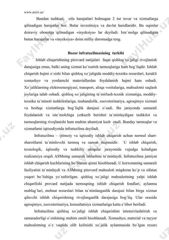 ida agroqimyo, zooveterinariya, konsultatsiya xizmatlariga katta e`tibor beriladi. infratuzilma qishloq xo`jaligi ishlab chiqarishini intensivlashtirish va samaradorligi o`sishining muhim omili hisoblanadi. xomashyo, material va tayyor mahsulotning o`z vaqtida olib kelinishi xo`jalik aylanmasida bo`lgan resurs hajmini belgilaydi. sanoatlashtirish, kimyolashtirish, melioratsiya va ishlab chiqarishning boshqa asosiy omillari tez sur`atda o`sishiga nafaqat qishloq xo`jaligi uchun ishlab chiqarish mablag`larining miqdoran o`sishi hisobiga, balki mablag` resurslaridan samarali foydalanishni ta`minlaydigan xizmat tizimi tashkil etilishi hisobiga ham erishiladi. bozor munosabatlari rivojlangan shart-sharoitda infratuzilmaning tarmoq va ishlab chiqarish vazifalari ham o`zgaradi. bu yerda qishloq xo`jaligining material, resurslar, texnika bilan ta`minoti yo`q. mavjud bo`gan xizmatlar bazasida asm korxonalariga moddiy resurslarni realizatsiya qiladigan hissadorlik jamiyatlari va shirkatlar vujudga kelmoqda. moddiy ishlab chiqarish infratuzilmasining asosiy maqsadi qishloq xo`jaligi korxonalarini ishlab chiqarishiga xizmat qilish vazifasidan bosqichma-bosqich ozod etishdan iborat. infratuzilma ishlab chiqarish hajmini oshirish va qishloq xo`jaligining asosiy mahsulotlari sifatan yuqori bo`lishi uchun shart-sharoitlar yaratishga yo`naltirilgan. mustaqil ravishda pirovard mahsulotni ishlab chiqarmaydigan tarmoq …