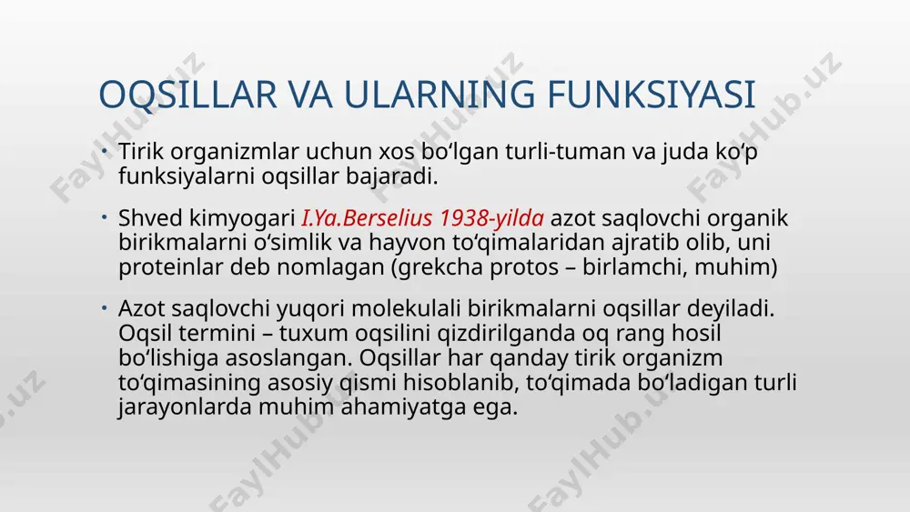 idlardan iborat oqsillarning elementar tarkibi oqsillarning elementar tarkibi quyidagicha: uglerod 50,6 – 54,5%, azot 15-17%, kislorod 21,5 – 23,5%, vodorod 6,5 – 7,3%, oltingugurt – 0,5% ni tashkil qiladi. oqsil molekulasida azot miqdori doimiy bo‘ladi va o‘rtacha 16%ni tashkil etadi. bu elementlardan tashqari oz miqdorda fosfor temir, rux, mis, marganets, magniy va yod uchraydi. azot miqdoridan foydalanib plazmadagi oqsil miqdori aniqlanadi. oqsillar kislota, ishqor va ferment yordamida gidrolizlanganda aminokislotalar hosil bo‘ladi oqsil molekulasining struktura elementlari oqsillar tarkibi gidroliz qilinganda ular α-aminokislotalarning o’zaro peptid (-co-nh-) bog’lari orqali bog’langanligi aniqlandi. shuning uchun ham gidroliz mahsuloti sifatida faqat α-aminokislotalar hosil bo’ladi. karbon kislotasidagi uglevodorod zanjiridagi bir yoki bir nechta vodorot atomlari aminoguruhga (-nh2) almashinishidan aminokislotalar hosil bo’ladi. oqsil α-aminokislotalardan hosil bo’lgan. ularning umumiy formulasi quyidagi ko’rinishga egadir: oqsillar tarkibiga kiradigan aminokislotalar tuzilishi va ularning kimyoviy xossalari oqsillar tarkibiga 20 xil aminokislotalar kiradi. bu aminokislotalar l-qator α-aminokislotalar hisoblanadi. oqsil molekulasidagi aminokislotalar quyidagi guruhlarga bo‘linadi: …