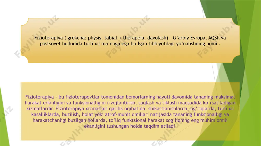 ta’sirga ega, bu qisman bemorlar orasida uning yuqori mashhurligini tushuntiradi; uning kamchiligi shundaki, u ko’pincha kasalliklarni davolashda yordam bermaydi. jarrohlik odatda davolash jarayonida oxirgi chora hisoblanadi. fizioterapiya jarrohlik bilan solishtirganda shikastlanmagan, bu ham bemorlar uchun jozibador . fizioterapiyaning maqsadi bemorning tanasiga ta’sir qilishning eksperimental jismoniy usullaridan foydalangan holda har qanday kasallikni davolashdir. maqsadi 1) terapevtik jismoniy madaniyat ( mashq terapiyasi ) – ta’sir qilish usullari: jismoniy mashqlar, massaj .masalan, tizzaning artrozi bilan og’rigan bemorlarda o’rtacha jismoniy mashqlarning ijobiy ta’siri kuzatiladi 2) inson tanasiga jismoniy ta’sir qilishning eksperimental usullari, ular juda ko’p, ularning tasnifida aniqlik va birgalikdagi ma’nosi yo’q past kuchlanish oqimlari: galvanizatsiya, to’rt kamerali va ikki kamerali galvanik vannalar, elektroforez, diadinamik terapiya, amplipuls terapiyasi, fluktuorizatsiya, elektro uyqu terapiyasi, elektromiyostimulyatsiya, transkranial va transvertebral mikropolyarizatsiya ; yo’nalishlar yorug’lik: quyoshda toblanish, infraqizil, ko’rinadigan, ultrabinafsha yoki polarizatsiyalangan nurlar bilan fototerapiya, lazer terapiyasi, rang terapiyasi, ko’zning rang terapiyasi, fotodinamik terapiya; yuqori kuchlanish oqimlari : darsonvalizatsiya, …