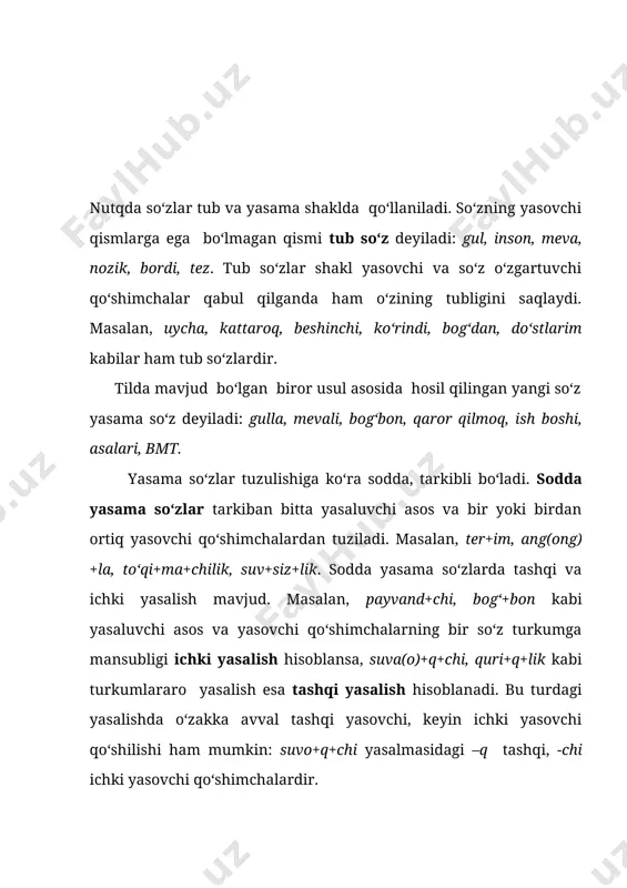 ikki yoki undan ortiq ma’noli qism ishtirokida hosil bo‘lsa ham, yaxlitligicha bitta lug‘aviy ma’no ifodalashga xizmat qiladi. so‘z yasash usullari. o‘zbek tilida so‘z yasalishining semantik, fonetik, abbreviatsiya, affiksatsiya, kompozitsiya kabi usullari mavjud. bu usullar davriy nuqtai nazardan ikki guruhni tashkil qiladi: 1) tarixiy (diaxron) uasalish: semantik, fonetik, abbreviatsiya, kompozitsiya usullari; 2) zamonaviy (sinxron) uasalish: affiksatsiya kabilardan iborat. semantik usul. so‘zning bir turkumdan boshqa turkumga ko‘chi-shi asosida yangi so‘z yasalishidir. masalan, sifatning otga ko‘chishi asosida: ko‘k (osmon ma’nosida), erkak, chol, kampir; sodda va juft fe’lning otga ko‘chishi asosida: kurash, kengash, urush, keldi-ketdi, bordi-keldi, qo‘ydi-chiqdi, yurish-turish, yozuv-chizuv; sonning ravish-ga ko‘chishi asosida: birga(ketmoq), birdan (kirmoq); otning ravishga ko‘chishi asosida: kunduzi, kechasi (qaytmoq), boshda (sezmoq) kabilar shular jumlasidandir. semantik usul asosida yasalgan so‘zning lug‘aviy ma’nosi yangilanishi bilan bir qatorda uning grammatik ma’no va vazifasi ham o‘zgaradi. qiyoslang: mushuk tavadagi go‘shtni oldi-qochdi (fe’l). oldi-qochdi gaplar hammaning joniga tekkan (sifat). fonetik usul. so‘z tarkibida yuzaga keladigan …