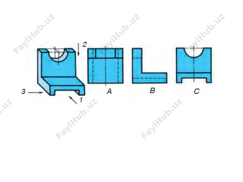 ada ioylashtiriladi (10.7-shakl, b) 10.7-shakl, b agar qo`shimcha ko`rinish proyeksion bog`lanishda bolsa, unda «ko`rinish» so`zi yozib ko`rsatilmaydi (10.8-shakl, a). aks holda qo`shimcha ko`rinish chizmada a ko`rinish tarzida yozib ko`rsatiladi (10.8-shakl, b). 10.8-shakl zarur bo`lganda qo`shimcha ko`rimshni burib koysatishga ruxsat etiladi. u holda «ko`rlnisli» so`zi yonida yoki ostida «burilgan» so`zi qo`shib yoziladi (10,8-shakl, c). mahaliy ko`rinish. buyum sirtming ayrim tor joyini chegaralab» bajarilgan tasvir mahaliy ko`rinish deyiladi. mahaliy ko`rinish sirtning biror tomoni ko`rinishini to`liq chizishga zarurat bolmaganda, uning kerakli joyi tasvirini chizishda qollaniladi. 10.9-shaklda buyumning ikkita joyi ko`rinishi ko`rsatilgan. 10.9-shakl qo`shimcha ko`rinishdagi kabi bu erda harti ko`rinishlar strelka va «a ko`rinish» va «b ko`rinish» yozuvlar bilan ko`rsatiladi. chizmada «bir nechta qo`shimcha yoki mahaliy ko`rinishlar bolsa, harflar bilan belgilash alifbo tartibida tanlanadi ya harflar takrorlanmaydi. yozuvlar chizmaning asosiy yozuviga parallel vaziyatda tasvirning ustida qo`yiladi. chizmalar chizishda ko`rinishlar sonini mumkin qadar kam bo`lishiga erishishga harakat qilinadi. bu borada davlat standartlarida` ko`rsatilgan ba`zi bir …