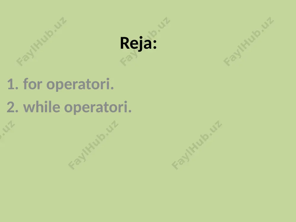 ’yicha 0), stop - oxirgi qiymat (stop-1), step (sukut bo’yicha 1). misol: range() funktsiyasi yordamida takrorlanish hosil qilish: for i in range(5): print(i) natija: 0 1 2 3 4 bu misolda range() funktsiyasi 0 dan 4 gacha bo’lgan sonlarni xosil qiladi. for operatirdagi i o’zgaruvchisi пushbu qiymatlarni navbat bilan qabulqilib, ularni ekranga chiqaradi. for operatorida lug'at dan foydalanishingiz mumkin. lug'at da ikki nuqtadan oldingi birinchi so'z kalit, keyingisi esa kalitga bog’langan so'z ishlatiladi. misol: list_dict = {'name': 'serverspace', 'year': ‘2022’} for key in list_dict: print(key + ':' + list_dict[key]) natija: name: serverspace year: 2022 2. while operatori. sikldagi takrorlanishlar soni noma’lum bo`lib, ma’lum shartga bog‘liq bo‘lsa, siklni tashkil qilishda while operatoridan foydalanish mumkin. while operatorining umumiy shakli quyidagicha: while mantiqiy ifoda while operatori tanasi bu yerda mantiqiy ifodaning qiymati rost bo`lsa while operatori tanasi bajariladi, aks holda navbatdagi operator bajariladi. misol. haqiqiy a soni berilgan. quyidagi shartni qanoatlantiruvchi eng kichik …