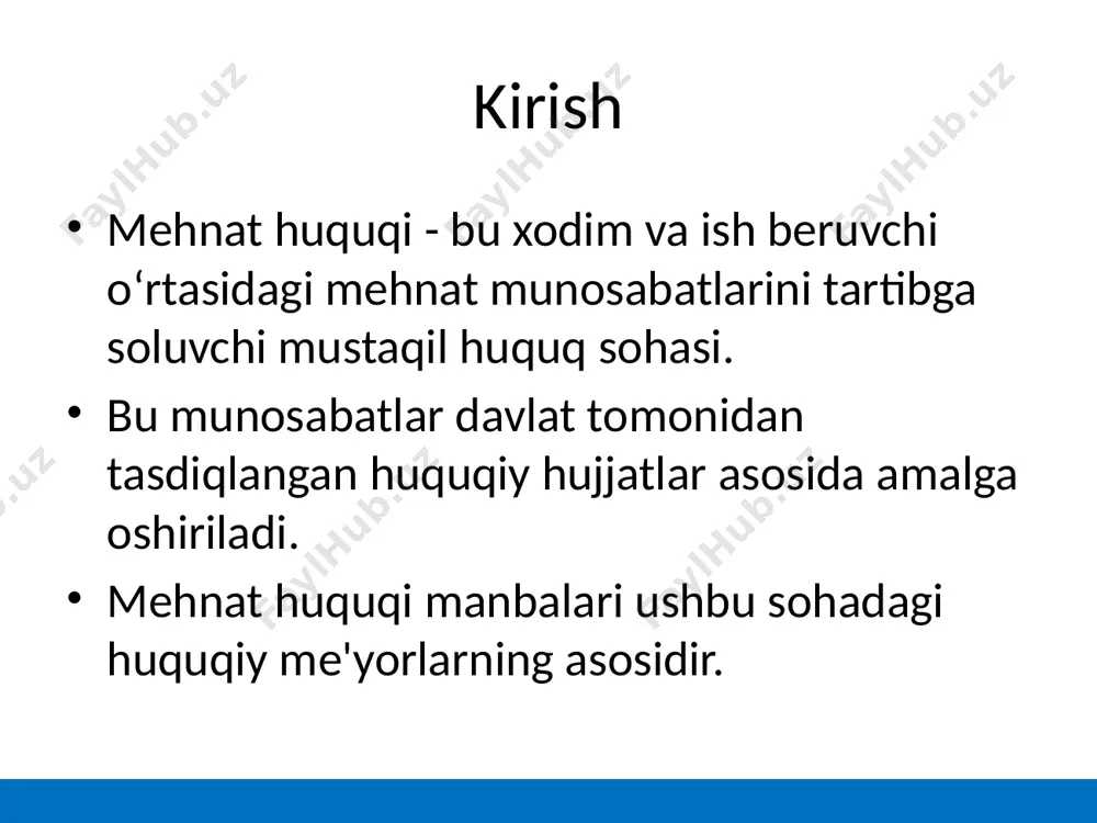 xalqaro mehnat huquqi manbalari • xalqaro mehnat tashkiloti (xmt) – mehnat sohasida xalqaro normalarni ishlab chiqadi. • o‘zbekiston 14 ta asosiy konvensiyani ratifikatsiya qilgan. • konvensiyalar: bolalar mehnati, majburiy mehnat, gender tengligi, kasaba uyushmalari erkinligi. • xalqaro me'yorlar milliy qonunlarga integratsiya qilinadi. mehnat shartnomasi • xodim va ish beruvchi o‘rtasida tuziladigan huquqiy hujjat. • unda quyidagilar belgilanadi: - ish joyi va vazifasi, - ish haqi va to‘lovlar, - ish vaqti va dam olish vaqti, - muddat va mehnat shartlari. • har ikki tomonning huquq va majburiyatlari ko‘rsatiladi. xulosa • mehnat huquqi manbalari – mehnat sohasidagi barcha huquqiy munosabatlarning poydevoridir. • ularga rioya qilish mehnat jamoalarida tartib, adolat va qonuniylikni ta’minlaydi. • har bir xodim va ish beruvchi ushbu huquqiy asoslarni bilishi zarur. /docprops/thumbnail.jpeg
