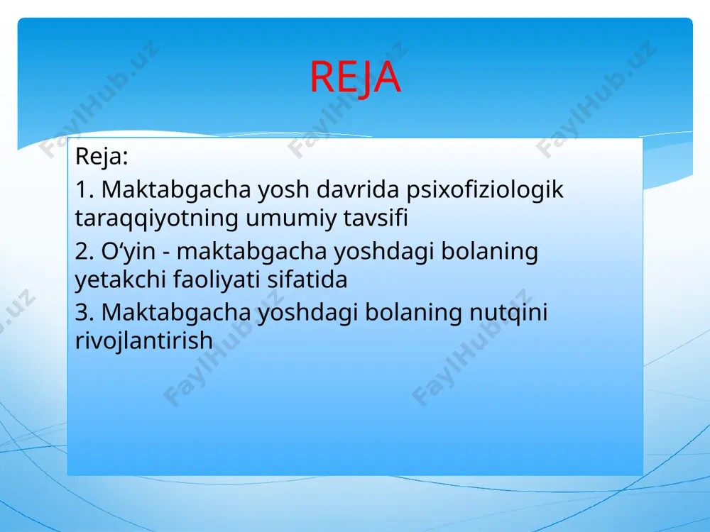 predmetli o‘yinlar (15—20 minut o‘ynaladi); 2) sujetli-rolli o‘yinlar (30—60 minut o‘ynaladi); 3) qoidali o‘yinlar (1 soatdan 2 kungacha davom etishi mumkin). maktabgacha yoshdagi bolalarning yetakchi faoliyati o‘yindir. bu yoshdagi bolalarning o‘yinlarini uchga bo'lish mumkin: predmetli o’ yin sujetli-rolli o‘yinlar 0‘yin bolalar hayotida shunday ko‘p qirrali faoliyatki, unda kattalarga mansub bolgan mehnat ham, turli narsalar haqida tafakkur qilish, xomxayol surish, dam olish va xushchaqchaqlik jarayonlarining barchasi o‘yin faoliyatida aniq boladi. shuni ham ta’kidlab olish kerakki, o‘yin faqat tashqi muhitdagi narsa hodisalarni bilish vositasigina emas, balki qudratli tarbiya vositasi hamdir. ijodiy va sujetli o‘yinlarda bolalarning barcha psixik jarayonlari bilan birgalikda ularning individual xususiyatlari ham shakllanadi bir yarim yoshda bola 100 ga yaqin so'zni, uch yoshda - 1000-1100, 6 yoshda - 2500-3000 so'zni faol ishlatadi. - rivojlanmoqda nutqning grammatik tuzilishi. bolalar morfologik tartib (so'z tuzilishi) va sintaktik tartib (iboralar qurilishi) qoliplarini o'rganadilar. 3-5 yoshli bola, to'g'ri, "kattalar" so'zlarining ma'nolarini qamrab oladi, garchi u …