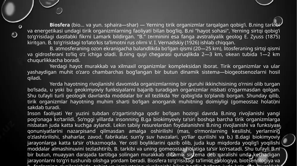 iri. insonlarnnig tabiatga ta’siri bevosita va bilvosita bo’ladi. ekologik omillar yil davomida o’zgarib turishi bilan birga, ularga o’simliklarning munosabati ham turlicha bo’ladi. masalan: urug’ unib chiqishi uchun qorong’i muhit talab qilinsa, maysaning rivojlanishi uchun yorug’lik talab qilinadi. ekologik omillar o’simlikka bevosita va bilvosita ta’sir qiladi. bevosita ta’sir qiluvchi omillarga namlik, yorug’lik, issiqlik, inson va hayvonlar ta’siri misol bo’la oladi. bilvosita ta’sir etuvchi omillarga relef, tog’ jinslari, iqlimni o’zgarishi va tuproq sharoitining o’zgarishi misol bo’la oladi. ba’zan ayrim ekologik omillar bevosita va bilvosita ta’sir ko’rsatishi mumkin. masalan: shamol o’simliklarning novdasini sindirib, bargini mevasini to’kib, bevosita ta’sir ko’rsatsa, tuproqdagi namlikni kamaytirib, qatqaloq hosil qilib bevosita ta’sir ko’rsatadi. do’l o’simlikning yer usti organlariga salbiy ta’sir ko’rsatsa, tuproq namligini oshirib, havo haroratini o’zgartirib bilvosita ta’sir etadi. xar qanday ekologik omil o’simliklarga turlicha ta’sir ko’rsatadi. masalan: sholi suvda yaxshi o’sadi, lekin suv ko’p bo’lsa, g’o’za tez kunda xalok bo’ladi. ko’pchilik o’rmonda o’suvchi o’simliklar soya joyda …