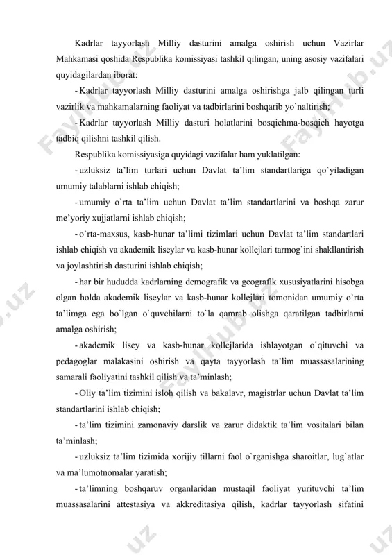 nlaridan mustaqil faoliyat yurituvchi ta’lim muassasalarini attestasiya va akkreditasiya qilish, kadrlar tayyorlash sifatini baholash va h.k. lar bo`yicha davlat xizmatlarini tashkil qilish; · ta’limning axborot ta’minoti tizimini shakllantirish va rivojlantirish, jahon axborot tarmog`iga qo`shilish, ommaviy axborot vositalarida ta’lim masalalarini tashviqot qilish. kadrlar tayyorlash milliy dasturini amalga oshirishga qaratilgan asosiy mexanizmlarni ko`rib chiqamiz. 1) davlat ta’lim standartlarini ishlab chiqish quyidagi vazirlik va idoralarda ishlab chiqildi: · xalq ta’limi vaziriligida maktabgacha ta’lim muassasalari, boshlang`ich ta’lim va umumiy o`rta ta’lim uchun ishlab chiqildi. umumiy o`rta ta’lim uchun davlat ta’lim standartlari (qisqacha uo`t dts) o`rta maktab bitiruvchisining garmonik rivojlanishi, bazaviy ilmiy va umummadaniy bilimlar orttirish, shaxsning ma’naviy-ahloqiy sifatlari shakllanishi, mehnat ko`nikmalari hosil qilish va mustaqil ijodiy fikrlash va h.k. lar-ga qo`yiladigan talablar asosida ishlab chiqildi. · o`rta-maxsus va kasb-hunar ta’limi markazida - akademik liseylar va kasb-hunar kollejlari uchun ishlab chiqildi. mazkur o`quv muassasalari uchun davlat ta’lim standartlari ikki-uchta o`zaro aloqador mutaxassislikga va yuqori kasbiy …