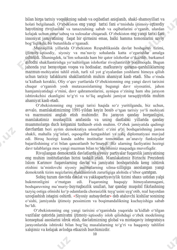 yib, o‘rta osiyoda islom dini keng yoyiladi, ilm-fan va madaniyat yuqori darajada rivojlanib bu sohada uyg‘onish davri yuz berdi, etnik jihatdan xalqlarning shakllanishi nihoyasiga etdi, er egaligi va mulkchilikning turli ko‘rinishlari vujudga keldi. uchinchi bosqichda (xvii asrdan boshlab) hokimiyat uchun o‘zaro kurashlar avj olib o‘rta osiyo hududlari xonliklarga bo‘linib ketdi. 4. o‘zbekistonda rossiya imperiyasi mustamlakachiligi va sovetlar hukmronligi davri. xronoligik jihatdan x1x asrning o‘rtalaridan 1991 yilgacha bo‘lgan davrni o‘z ichiga olgan bu davr chor rossiyasi va sovet mustamlakachiligi davrilariga bo‘linadi. birinchi bosqichda chorizm bosqinchiligi tufayli o‘rta osiyo rossiyaning xom-ashyo bazasiga aylanib, bu hududlarga rus kapitali jadallik bilan kirib keldi, mahalliy ishlab chiqarish va hunarmandchilikka putur etdi, milliy- madaniy qadriyatlarga e’tibor berilmadi, natijada milliy ozodlik haraklari avj olib jadid namoyondalari rahnamoligida milliy ma’rifparvarlik g‘oyalari yoyildi. ikkinchi bosqichda, dastavval milliy mustaqilliq uchun qurolli va g‘oyaviy kurashlar avj olgan bo‘lsa-da, ular beayov bostirilib, jamiyat taraqqiyoti kommunistik mafkuraga bo‘ysundirildi, mulkchilikda davlat monopoliyasi ustunlik qildi, …