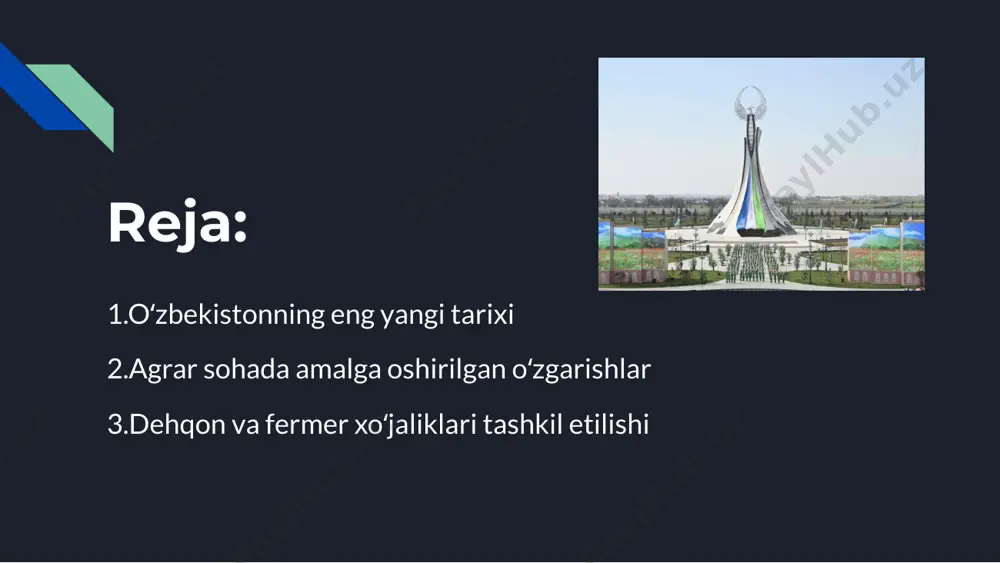 /slide4.xml ppt/slides/_rels/slide4.xml.rels ppt/slides/slide5.xml ppt/slides/_rels/slide5.xml.rels ppt/slides/slide6.xml ppt/slides/_rels/slide6.xml.rels ppt/slides/slide7.xml ppt/slides/_rels/slide7.xml.rels ppt/slides/slide8.xml ppt/slides/_rels/slide8.xml.rels ppt/slides/slide9.xml ppt/slides/_rels/slide9.xml.rels ppt/slides/slide10.xml ppt/slides/_rels/slide10.xml.rels ppt/presprops.xml ppt/viewprops.xml ppt/presentation.xml ppt/_rels/presentation.xml.rels _rels/.rels ppt/fonts/lato-regular.fntdata ppt/media/image1.png ppt/media/image10.png ppt/media/image4.png ppt/media/image6.png ppt/fonts/lato-bold.fntdata ppt/media/image3.png ppt/media/image8.png ppt/media/image11.png ppt/fonts/montserrat-regular.fntdata ppt/fonts/lato-bolditalic.fntdata ppt/fonts/lato-italic.fntdata ppt/media/image7.png ppt/media/image5.png ppt/media/image12.png ppt/fonts/montserrat-bolditalic.fntdata ppt/fonts/montserrat-italic.fntdata ppt/media/image9.png ppt/media/image2.png ppt/fonts/montserrat-bold.fntdata [content_types].xml ‹#› ‹#› ‹#› ‹#› ‹#› ‹#› ‹#› ‹#› ‹#› xx% ‹#› ‹#› ‹#› oʻzbekistonning eng yangi tarixi. agrar sohada amalga oshirilgan oʻzgarishlar. dehqon va fermer xoʻjaliklari tashkil etilishi. egamberdiyeva durdona reja: 1. oʻzbekistonning eng yangi tarixi 2.agrar sohada amalga oshirilgan oʻzgarishlar 3.dehqon va fermer xoʻjaliklari tashkil etilishi oʻzbekistonning eng yangi tarixi oʻzbekistonning eng yangi tarixi 1991-yilda mustaqillikka erishgandan keyin boshlanadi. siyosiy, iqtisodiy va ijtimoiy islohotlar amalga oshirildi. 1991-yildan keyin oʻzbekiston mustaqil iqtisodiyotga oʻtishga harakat qildi. davlat boshqaruv tizimi isloh qilinib, bozor iqtisodiyotiga o‘tish bosqichi boshlandi. yer islohotlari amalga oshirilib, dehqon va fermer xoʻjaliklarini rivojlantirishga asos yaratildi. sovet davrida kollektiv xo‘jaliklar tizimi hukmron bo‘lib kelgan. mustaqillikdan so‘ng fermerchilik tizimi shakllantirildi. paxtachilik …