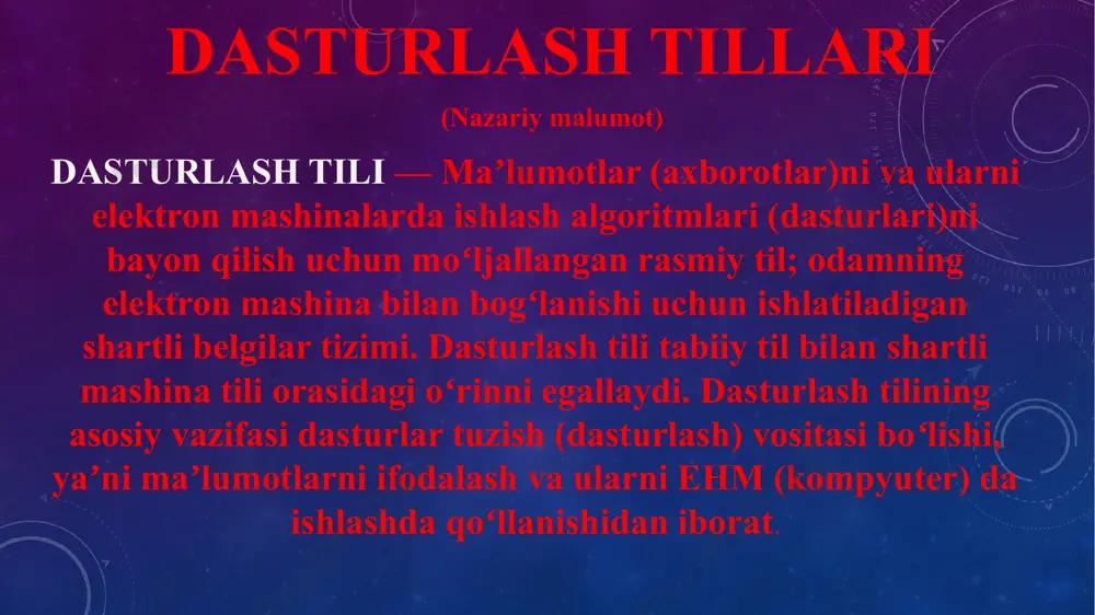 qilishiga urgʻu beradi. uning til konstruksiyalari va obyektga yoʻnaltirilgan yondashuvi dasturchilarga kichik va yirik loyihalar uchun aniq, mantiqiy kod yozishda yordam berishga qaratilgan yuqori saviyali dasturlash tillari: php - bu eng keng tarqalgan, zamonaviy web dasturlash tili hisoblanadi. internetdagi saytlar va web-xizmatlarning aksariyati php-dan foydalangan holda yaratilgan. ba'zi ma'lumotlarga ko'ra, php saytlarning 80% dan ko'prog'ida, jumladan facebook.com, vk.com, baidu.com va boshqa xizmatlarda keng qo'llaniladi. paskal (inglizcha: pascal) — eng mashhur dasturlash tillaridan biri boʻlib[5], oʻrta maktab hamda universitetlarning birinchi kurslarida dasturlashni oʻrgatishda qoʻllaniladi. ushbu dasturlash tili boshqa bir qator tillar uchun asos boʻlib xizmat qiladi. paskal imperativ va protsessual dasturlash tili hisoblanadi. ushbu dasturlash tili dasturlash va maʼlumotlar strukturasidan foydalangan holda yaxshi dasturlash amaliyotlarini ragʻbatlantirish uchun kichik va samarali til sifatida ishlab chiqilgan. u fransuz matematigi, faylasufi va fizigi blez paskal sharafiga nomlangan. javascript- bu internet uchun katta boʻlmagan xaridor va server ilovalarni yaratishga moʻljallangan nisbatan oddiy jismga yoʻnaltirilgan til. …