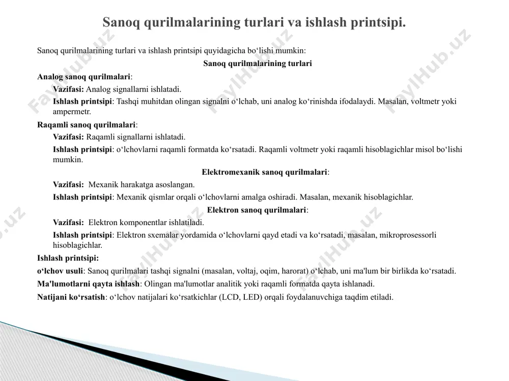 ana boshidan sanaydi. hisoblat modulining qiymati bo‘yicha hisoblagichlar ikkilik va ikkilikda tasvirlangan (kodlangan) bo‘lishi mumkin. ikkilikda tasvirlangan hisoblagichlarning hisoblash moduli ixtiyoriy bo‘ladi, lekin sanashi ikkilik kodlarda bo‘ladi. sanash yo‘nalishi bo‘yicha hisoblagichlar qo‘shuvchi (to‘g‘ri sanaydigan), ayiruvchi (teskari sanaydigan) va reversiv (sanat yo‘nalishi o‘zgaruvchan) bo‘ladi. razryadlararo bog‘lanish usuli bo‘yicha hisoblagichlar ketma-ket, parallel va kombinatsion bo‘lishi mumkin. hisoblagichlarning ishlash tezligi quyidagi ko‘rsatkichlar bilan belgilanadi: kodni o‘rnatish vaqti - tk. o‘tish razryadini uzatish vaqti -tu. kirish ipulslarining maksimal chastotasi –gs m. kirish signaliniui boshidan hisolagichni yangi holati o‘rnatilgangacha bo‘lgan vaqt kodni o‘rnatish vaqti xisoblanadi. kirish signalining boshlanish vaqtidan chiqish signalining boshlanish vaqtigacha bo‘lgan davr o‘tish razryadini uzatish vaqti hisoblanadi. ikkilik hisoblagichlar ikkilik hisoblagichning hisoblash moduli 2 ning n-chi darajasiga (m=2p) teng, bu yerda n - hisoblagichning razryadlar soni. hisoblagichning holati triggerlarning chiqishidan olinadigan quyidagi on-1 .... q1 q0 ikkilik kodi bilan ifodalanadi. qo‘shuvchi (yig‘uvchi) va ayiruvchi ikkilik hisoblagichlarning ishlash jarayoni 4- jadvalda keltirilgan. kichik(q0) …