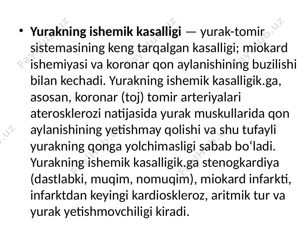 ib boʻlmaydigan xillari bor. mas, koʻkrak qisishi (stenokardiya), miokard infarkti, insultni bartaraf etib boʻlmaydi; agar odam bu kasalliklar bilan bir marta ogʻrib oʻtgan boʻlsa, yurakning ishemik kasalligik. rivojlanish xavfi koʻproq boʻladi. yu.i.k.ning dastlabki bosqichi stenokardiya boʻlsa, miokard infarkti uning eng ogʻir shaklidir. stenokardiya bilan bemor uzoq vaqt yashashi mumkin, ammo dastlabki davrida (birinchi uch kun) 20—30% bemorda miokard infarkti kuzatiladi. miokard infarktining klinik belgilari, odatda, stenokardiya belgilariga oʻxshash boʻlib, faqat ogʻriq uzoqroq va kuchliroq davom etadi. bunda dastlabki soatlardayoq oʻlim roʻy berishi yoki keyinchalik ham jiddiy asoratlar kuzatilishi mumkin. infarktdan keyingi kardioskleroz, yurak aritmiyasi, yurak yetishmovchiligi aslida yurakning ishemik kasalligik. ning asoratlari boʻlib, yuraktomir sistemasi kasalliklaridan boʻladigan nogironlik va oʻlimning asosiy sabablaridir. yurakning ishemik kasalligik. ga gumon qilinganda darhol bemorni kasalxonaga yotqizish zarur. kasallikning klinik belgilari (kasallik tarixi, bemor shikoyatlari, perkussiya, auskultatsiya, umumiy koʻruv), elektrokardiografiya, yurak muskullariga xos fermentlar va struktura elementlari (kreatinin fosfokinaza izofermentlari, mioglobin va boshqalar) hamda qon …