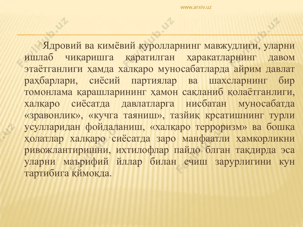 ёки давлат манфаатларини амалга ошириш бйича алоқаларни, фаолият соҳаларини ҳам з ичига олади. масалан, европа иттифоқи (еи) ва унга аъзо блган давлатлар бугунги кунда экологик сиёсий манфаатлар ва маънавий қадриятлар тизими билан боғлиқ блган муаммоларни ҳал этиш, халқаро ҳуқуқ нормаларига риоя этишни қллаб-қувватлашда муҳим роль йнамоқда. политология: ўљув љўлланма / с. отамуродов, и. эргашев, ш. акромов, а. љодиров – т., 1999. – б. 180–181. www.arxiv.uz жаҳон майдонида халқаро хавфсизлик билан боғлиқ янги тенденция ва янги таҳдидларнинг пайдо бўлиши. кузатишларга кўра халқаро муносабатлар муаммосининг қйилиши, амалиёти, амалга оширилиши ҳамда маърифий халқаро сиёсатдан кутилаётган самаралар билан айрим давлатларнинг хатти-ҳаракати, хулқ-атвори ртасида улкан жарлик вужудга келаётгани кзга ташланмоқда. президент и. а. каримовнинг 2005 йилнинг 5 июлида шанхай ҳам­­корлик ташкилоти саммитида сзлаган нутқида таъкидлангани­дек, кейинги пайтларда рй берган воқеаларда (2005 йил май ойида ан­дижон шаҳрида рй берган террорчилик ҳаракатлари назарда тутил­моқда.) пировард мақсади минтақадаги кучларнинг сиёсий ва иқ­тисодий мувозанатини з фойдасига згартириш ва минтақада …