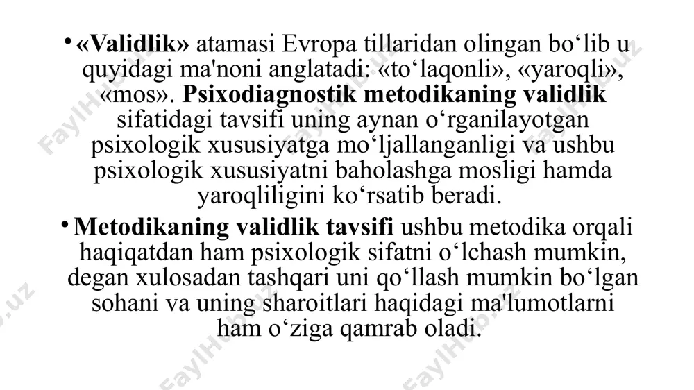 ar xil hayotiy voqeliklardagi reaktsiya va xatti-harakatlari; b) sinaluvchining faoliyatidagi yutuqlari: o‘quv, ish, ijodiy va hokazolar; v) har xil nazorat sinov va topshiriqlarning bajarilganligi haqida ma'lumotlar; g) boshqa metodikalar yordamida olingan ma'lumotlar – validlik tekshirilayotgan metodikaning boshqa metodika bilan bog‘liqligining etarli darajadaligi. validlikni tekshirish mazmuniy konstruktiv kriterial metodikaning ishonchliligi – metodika yordamida barqaror, qat'iy ko‘rsatkichlarni olish imkoniyatlari bilan tavsiflanadi. psixologik test natijalarini nazorat qilish murakkab omillarga bog‘liq va bu quyidagilardir: asbob-uskunalarning o‘lchov sifati; psixologik testlarning doimiy relevant tavsifi; sinaluvchining ko‘rsatmalarni to‘g‘ri tushunishi; sinaluvchining xulqi, xatti-harakati; sinaluvchining dolzarb psixologik holati. ishonchlilik xususiyatlari tadqiqot kesimlarini idrok etilganligi natijalar bnarqarorligi aniqlik ishonchlilikni tekshirish retest parallel testlarning ishonchlilikgini aniqlashning uch qoidasi mavjud: testlarning ishonchliligini aniqlashda 200 va undan ortiq tekshiriluvchilardan hamda reprezentativ tanlanmalarda amalga oshiriladi. 1. restest-testni qayta o‘tkazish orqali, ya’ni test o‘tkazilgandan so‘ngra ma’lum vaqt o‘tgandan so‘ngra yana aynan oldin tekshiruvdan o‘tgan sinaluvchilar yana qayta testdan o‘tkaziladi. (p.klayn retest o‘tkazish muddatini 6 oy …