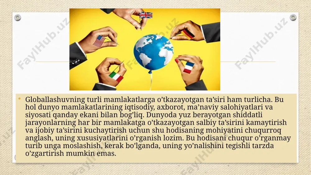 ersa, tarixni tahlil qilish boshqa xalqlar ma’naviyatidan bahramand bo’lgan xalqlar ma’naviyati yuksakliklarga ko’tarilgandan guvohlik beradi. o’rta osiyo xalqlari madaniyati va ma’naviyati ham sharq va g’arbni tutashtirgan karvon yo’llarida joylashgani sababli ham sharq, ham g’arb madaniyatidan bahramand bo’lgan. muhimi shundaki, xalqimiz g’arb va sharq ma’naviyatidan bahramand bo’lib ularning ijobiy tomonlarini o’zlashtiribgina qolmay, ularga ijodiy yondashib yangi cho’qqilarga ko’tarildi. bugun barchamiz uchun oddiy bir haqiqat ayon bo’lishi kerak: bugun insoniyatga katta tahdid solib turgan bu illatga barham berish borasidagi kurashdan hech kim, hech qaysi davlat chetda qolmasligi tabiiy. darhaqiqat, bugungi kunda hech kim, hatto eng demokratik va qudratli iqtisodiy, harbiy salohiyatga ega davlat ham xalqaro terrorizm “xoldingi” tahdidlaridan o’zining xavfsizligini so’zsiz kafolatli ravishda ta’minlay olmaydi. hozirgi kunda bizning turmush tarzimizga, ruhiyatimizga nisbatan qilinayotgan ma’naviy-ma’rifiy hurujlarning usullari tobora noziklashib borayapti. zararli g’oyalar turli kinofilmlar, televedeniye ko’rsatuvlari va radio eshittirishlari shaklida, gazeta-juurnallar, internet tarmog’i va boshqa yo’nalishlarda uzluksiz ravishda tiqishtirilib, bizning milliy tushunchalarimizni barbod …