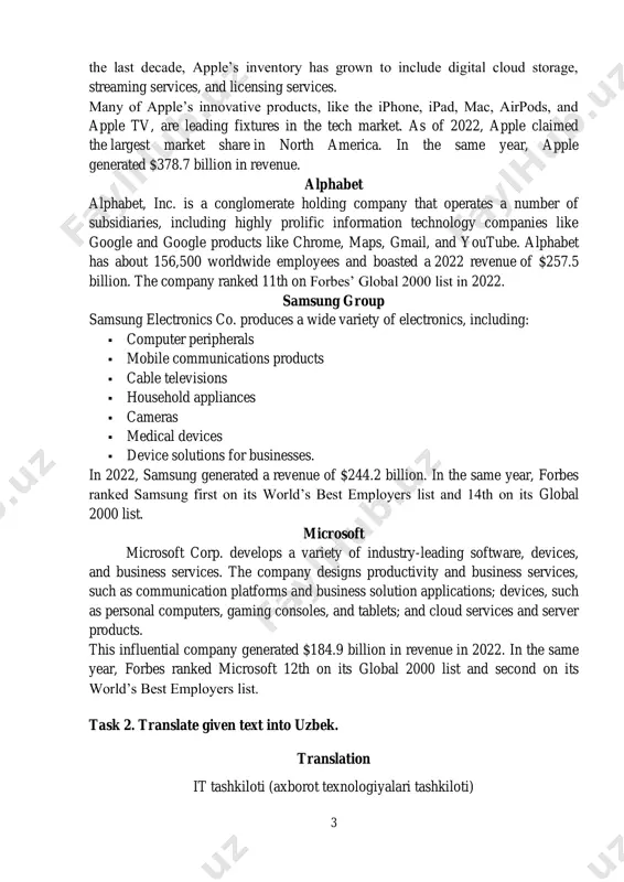 o/definition/cio https://www.techtarget.com/searchcio/definition/it-director-information-technology-director https://www.techtarget.com/searchcio/definition/it-director-information-technology-director https://en.wikipedia.org/wiki/apple_inc. 3 the last decade, apple’s inventory has grown to include digital cloud storage, streaming services, and licensing services. many of apple’s innovative products, like the iphone, ipad, mac, airpods, and apple tv, are leading fixtures in the tech market. as of 2022, apple claimed the largest market share in north america. in the same year, apple generated $378.7 billion in revenue. alphabet alphabet, inc. is a conglomerate holding company that operates a number of subsidiaries, including highly prolific information technology companies like google and google products like chrome, maps, gmail, and youtube. alphabet has about 156,500 worldwide employees and boasted a 2022 revenue of $257.5 billion. the company ranked 11th on forbes’ global 2000 list in 2022. samsung group samsung electronics co. produces a wide variety of electronics, including:  computer peripherals  mobile communications products  cable televisions  household appliances  cameras  medical …