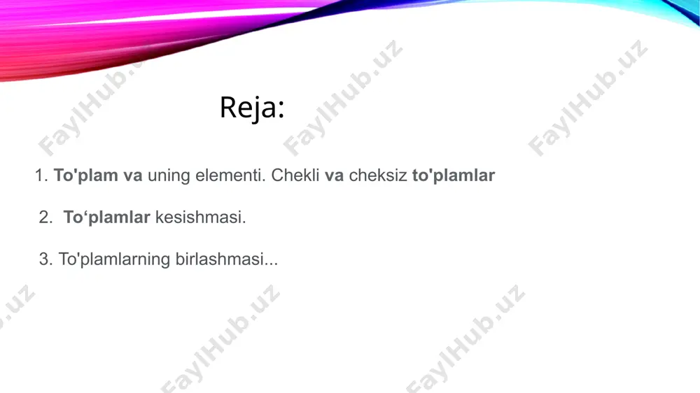 an chap tomonda joylashgan natural sonlar to‘plami, tenglamaning natural yechimlari to‘plami bo‘sh to‘plamlarga misol bo‘ladi. to‘plamlarning elementlari to‘plamalardan iborat bo‘lishi ham mumkin. masalan, fakultetdagi kurslar to‘plamini qarasak, kurslar fakultetning elementlari to‘plami bo‘ladi. tayanch tushunchalar: to’plam, uning elementi; chekli, cheksiz, bo’sh to’plamlar, to’plam osti, universal to’plam, teng to’plamlar,birlashma, kesishma, ayirma, dekart ko’paytma, eyler-venn diagrammallari, simmetrik ayirma. to‘plam tushunchasi – matematikaning asosiy tushunchalaridan biri bo‘lib, u ta’riflanmaydigan, faqat misollardagina tushuntiriladigan tushunchadir. masalan, auditoriyadagi talabalar to‘plami, to‘g‘ri chiziqdagi nuqtalar to‘plami, kitobning ma’lum betidagi nuqtalar to‘plami, kitobning ma’lum betidagi harflar to‘plami, o‘zbekistondagi viloyatlar to‘plami, quyosh sistemasidagi planetalar to‘plami, biror aylanada yotuvchi nuqtalar to‘plami va hokazo. to‘plamni tashkil qiluvchi obyektlar uning elementlari deyiladi. to‘plamlarni a, a, a, a yoki a harflari bilan belgilaymiz. to’plam bir qancha elementlardan iborat bo’lishi mumkin, quyidagi yozuv: 15.02.2021 reja.tdpu.uz/shaxsiyreja/content/4455/html/53781/2-ma'ruza. to'plamlar va ular ustida amallar..htm reja.tdpu.uz/shaxsiyreja/content/4455/html/53781/2-ma'ruza. to'plamlar va ular ustida amallar..htm (3) a to’plam to’plam bilan ham va to’plam bilan ham …