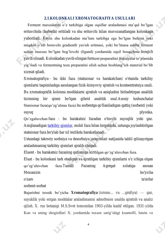uvchi moddalar elyuyent bilan birga turli vaqg oraligʻida alohidaalohida boʻlib kolonkaning chiqish tomoniga keladi va maxsus sezgir asbob — detektor yordamida uning vaqt birligidagi miqdori qayd etiladi, yaʼni egri chiziq holida yozib olinadi. bu xromatogramma deb ataladi. sifat analizi vaqtida moddaning kolonkaga yuborilgandan to chiqqungacha boʻlgan vaqgi har bir komponent uchun doimiy trada bir xil elyuyentda belgilab olinadi. miqdoriy analiz uchun esa x.dagi piklar (har bir modda uchun tegishli egri chiziq shakli) balandligi yoki yuzasi, detektorning moddaga nisbatan sezgirligini nazarga olgan holda oʻlchanadi va maxsus usulda hisoblanadi. parchalanmay bugʻ holatiga oʻtadigan moddalarning analizi va ajratilishi uchun koʻpincha gaz x. ishlatiladi. bunda elyuyent (gaz tashuvchi) sifatida geliy, azot, argon kabi gazlardan foydalaniladi. sorbent sifatida esa (zarralar diametri 0,1— 6 0,5 mm boʻlgan) silikagellar, alyumogellar, gʻovakli polimerlar va boshqa ishlatiladi. gazsuyuqlik x. uchun sorbent tayyorlashda solishtirma sathi 0,5—5 m2/g li qattiq modda yuzasiga qaynash trasi yuqori boʻlgan suyukliklar (uglevodorodlar, murakkab efirlar, siloksanlar …