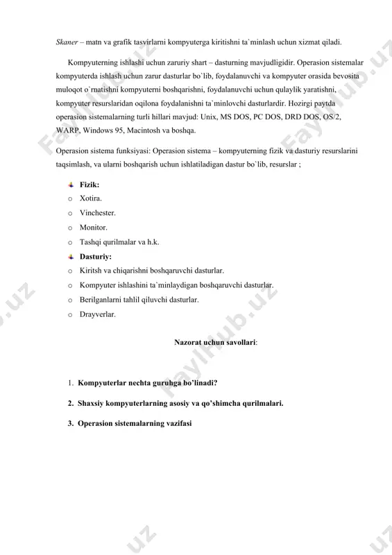 ar. · drayverlar. nazorat uchun savollari: 1. kompyuterlar nechta guruhga bo’linadi? 2. shaxsiy kompyuterlarning asosiy va qo’shimcha qurilmalari. 3. operasion sistemalarning vazifasi mavzu1. shaxsiy kompyuterning texnik vositalari bilan ishlash v reja: 1. kompyuterlar haqida ma`lumotlar. 2. shaxsiy kompyuterlarning qurilmalari. 3 .operasion sistemalarning vazifasi. tayanch tushunchalar: o kompyuter, o tezkor xotira, o doimiy xotira, o kesh xotira, o video xotira . o vinchester. o monitor. o tashqi qurilmalar va h.k. o drayverlar. kompyuter – inglizcha so`z bo`lib, “hisoblovchi” ma`nosini beradi. hozirgi kunda kompyuterlar faqat hisoblovchigina bo`lib qolmasdan, matnlar, tovush, video m a`lumotlar ustida amallar bajara olishi bilan takommillashib bormoqda. kompyuterlar xotirasining xajmi, bir sekundda bajaradigan amallar tezligi bilan bir birlaridan farqlanadi. dunyo bo`yicha kompyuterlar 5 ta guruhga bo`linadi: super kompyuterlar. ь katta kompyuterlat. ь mini kompyuterlar. ь shaxsiy kompyuterlar. ь bloknot (noutbook) kompyuterlar. super kompyuterlar – juda katta tezlikni talab qiladigan va katta hajmdagi masalalarni yechish uchun mo`ljallangan. katta kompyuterlar – …