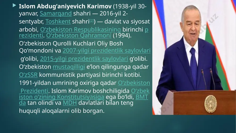 risida“gi qaror va „oʻzbekiston respublikasi davlat mustaqilligining asoslari“ toʻgʻrisida qonun qabul qilindi[1]. qaror bilan oʻzbekiston ssr nomi ham oʻzbekiston respublikasi deb oʻzgartirildi[2]. 1-sentyabr oʻzbekistonning mustaqillik kuni deb belgilab qoʻyildi. bundan tashqari, 5-sentyabrda prezident i.a.karimovning farmoni bilan oʻzbekiston poytaxtining avvallari vladimir lenin nomi bilan atalgan markaziy maydoni mustaqillik maydoniga oʻzgartirildi[2]. 1992-yil 3-iyulda „oʻzbekiston respublikasida bayramlar toʻgʻrisida“gi 669-xii-sonli davlat qonuni qabul qilindi, unda bayram nishonlanadigan kunlar, jumladan, mustaqillik kuni ham belgilandi. qonun asosida oʻsha paytda amalda boʻlgan mehnat kodeksiga oʻzgartirishlar kiritildi[2]. “o’zbekistonning eng yangi tarixi” o’quv faninig predmeti o'zbekistonning eng yangi tarixi to’g’risidagi bilimlar talabalarda mamlakatimizni mustaqillik davrida amalga oshirilgan keng ko’lamli islohotlar mohiyatini chuqur singdirish, mazkur jarayonlarning rivojlanish qonuniyatlari, sabab va oqibatlarini tahlil qilish hamda ularni ilmiy dunyoqarashini shakllantirish, ma'naviy-ma'rifiy tafakkurini yuksaltirish, ajdodlar an'analariga sadoqat, milliy o'zlikni anglash asosiy maqsad qilib belgilanadi. fanning predmetini – o’zbekistonda mustaqillikdan keyingi davrdagi ijtimoiy, iqtisodiy, ma’naviy-ma’rifiy hamda siyosiy sohalarda amalga oshirilgan islohotlar va ularning mamlakat …